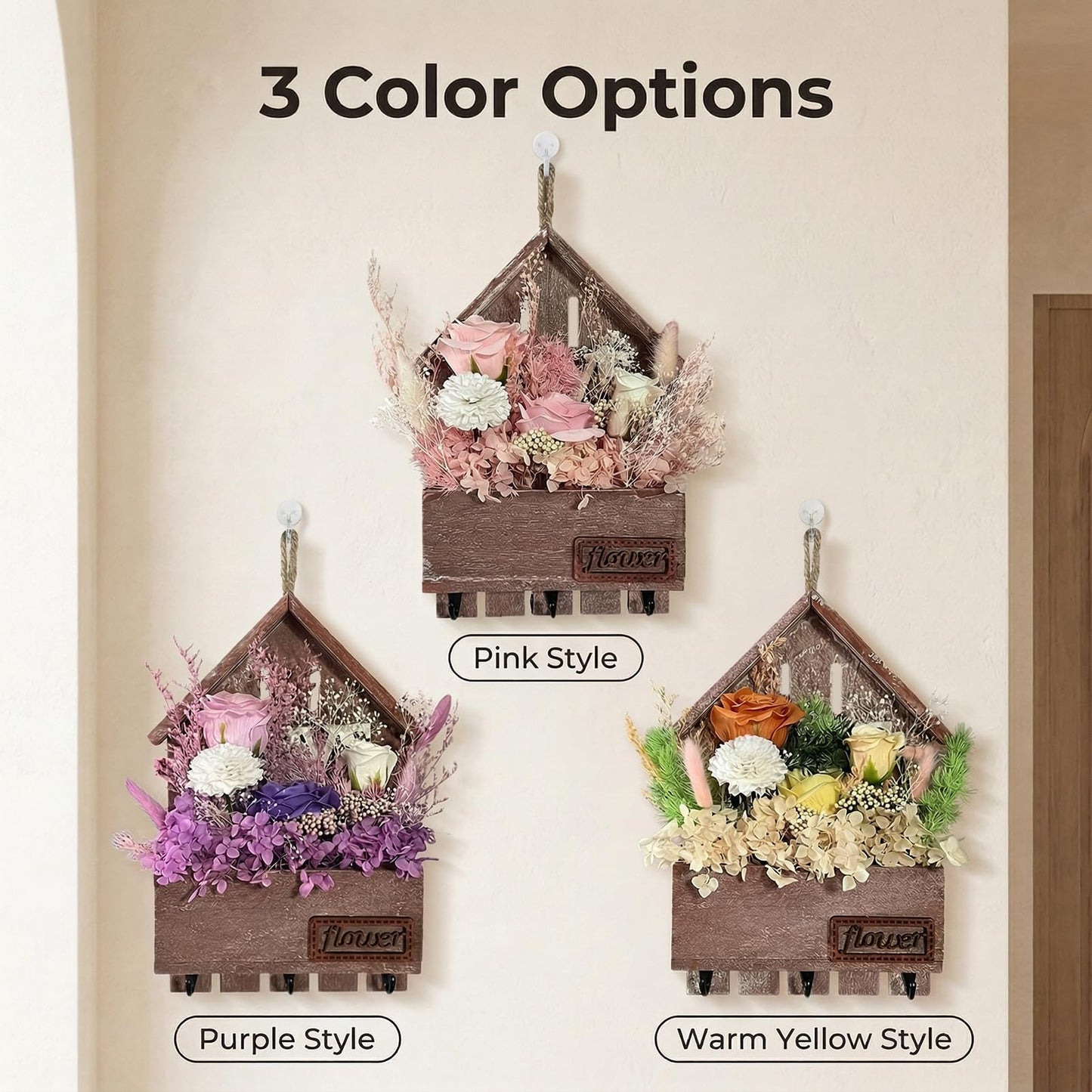 EIGHTOWN Purple Floral Wall Hooks, Farmhouse Wooden House Shape Key Holder with 3 Hooks, Artificial Soap & Dried Flower Decorative Hanger for Entryway, Living Room, Home Decor (Purple)