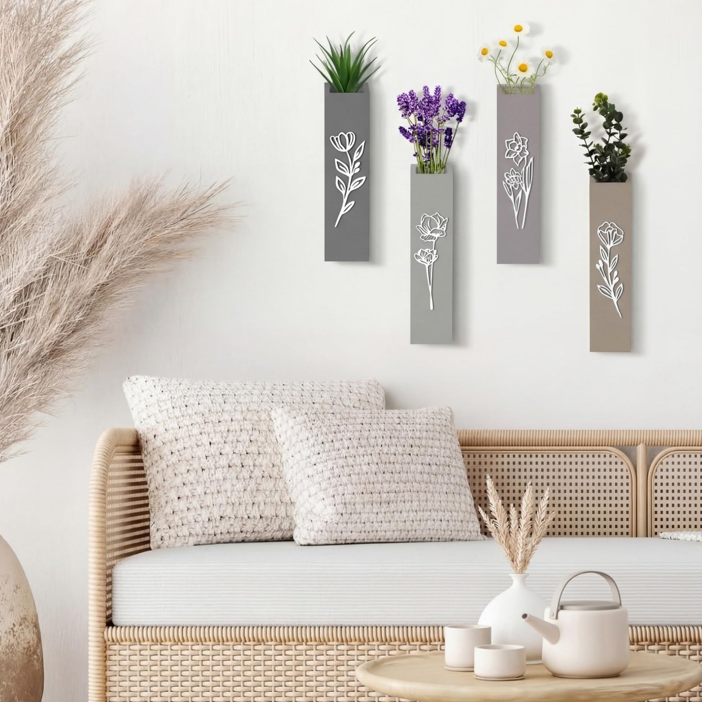 Bucherry 4 Pack 3D Wood Wall Planters Farmhouse Wall Flower Pocket Vases with 3D Floral Design Indoor Modern Neutral Boho Pocket Vase for Dried Flowers and Faux Greenery Plants for Living Room Bedroom