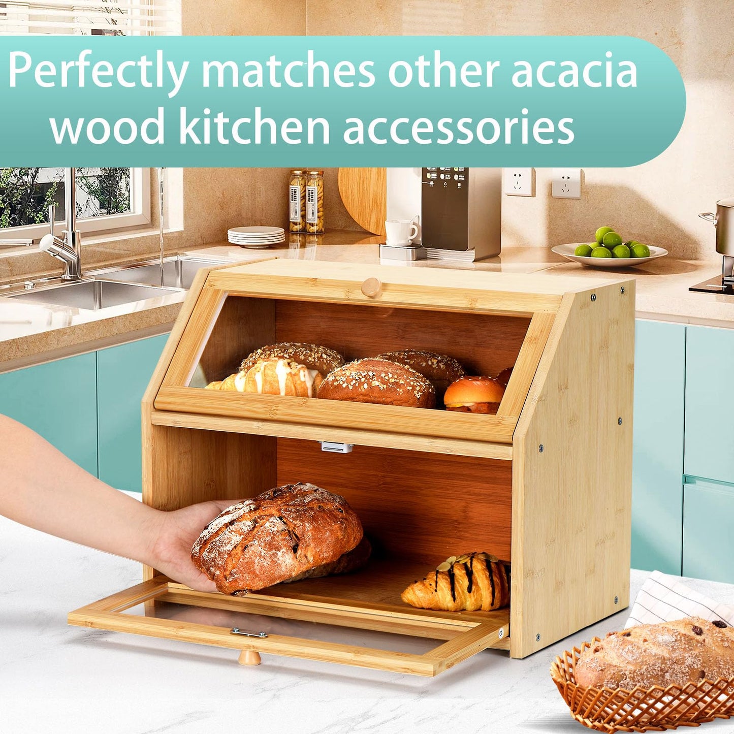 Wcatea Bread Box for Kitchen Countertop, Large Double Layer Bamboo Bread Storage Box with Clear Door, Includes 20 Bread Bags & Labels, Farmhouse Kitchen Storage Organizer (Natural Bamboo)