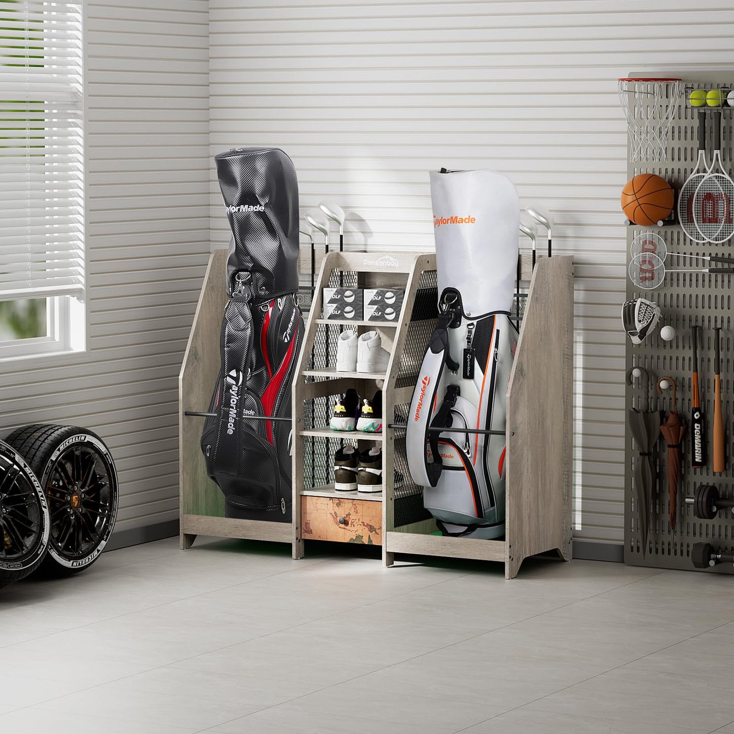 Ponsonbay Golf Bag Storage Organizer for Garage, Premium Wooden 2 Golf Bags Rack with Drawer, Easy Assemble Golf Club Stand/Holder Suitable for Garage Home Simulator and Office