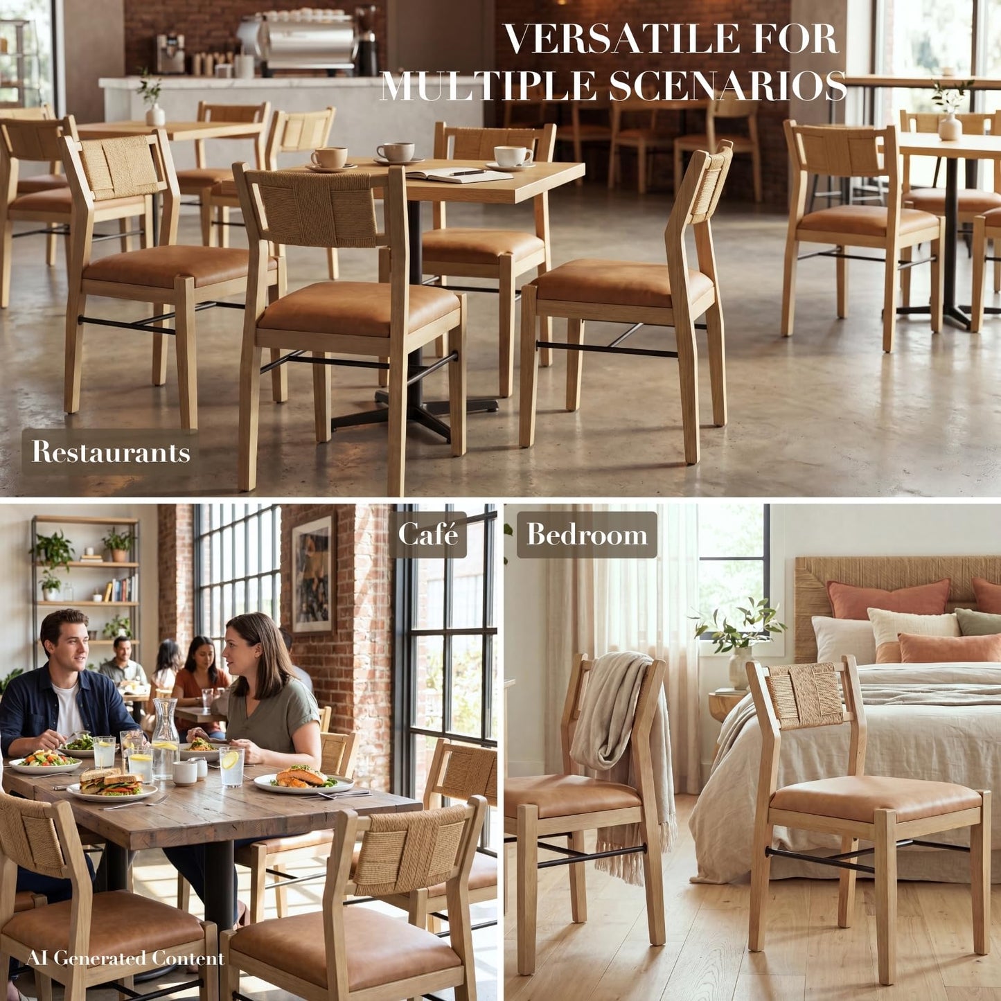 CIMOTA Wooden Dining Chairs Set of 2, Rope Woven Back,Upholstered Dining Room Chairs with Brown Faux Leather 2.25" Padded Seat, Mid-Century Modern Farmhouse Armless Kitchen Side Chairs for Dining Room