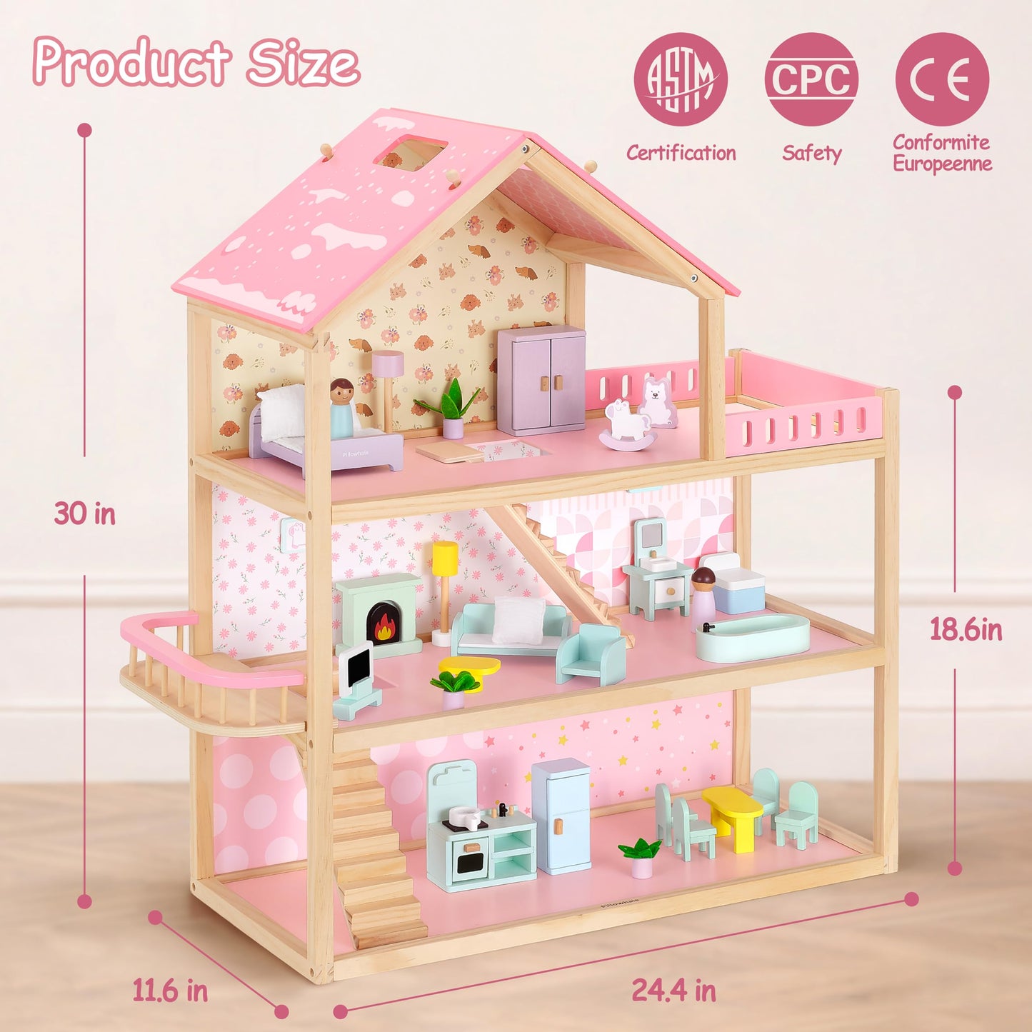Pillowhale Wooden Dollhouse for Girls 3-Story Open Layout Playhouse with Furniture Accessories Pretend Play Role-Playing Toy Birthday Gift for Kids Ages 3+