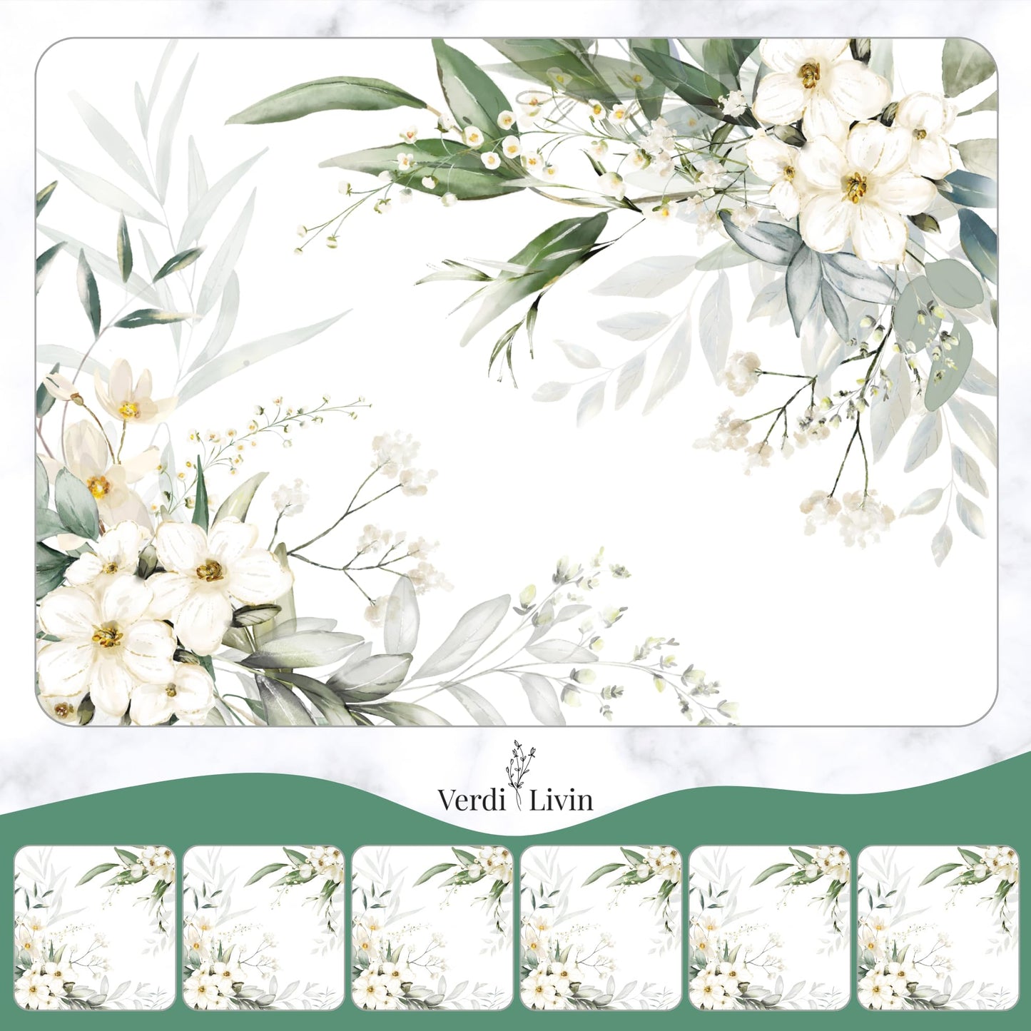 Verdi Livin Cork Placemats Set of 6 Matching Coasters I Heat Resistant Place Mats for Dining Table 16" x 12", Cork Backed, Wipeable White Lily Design