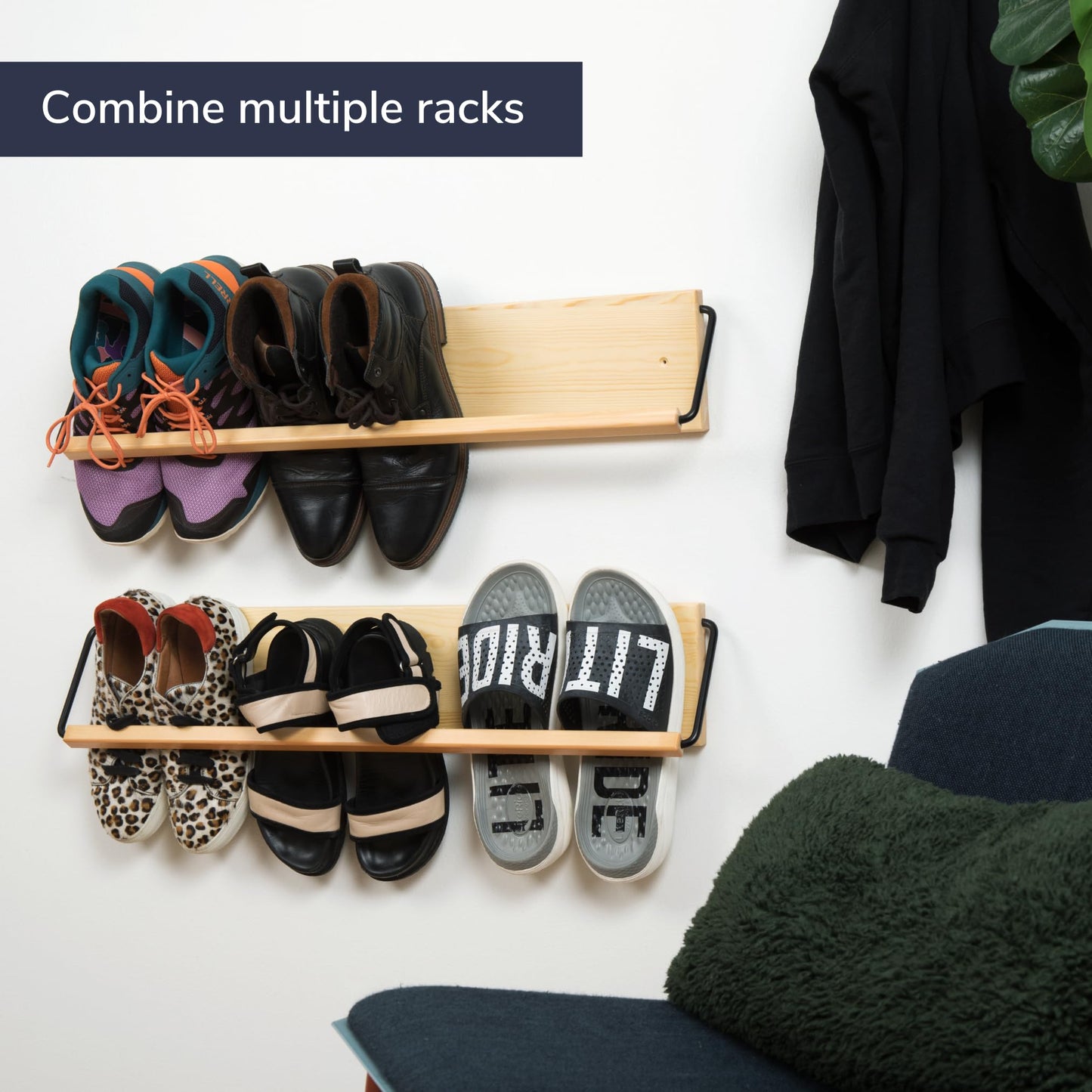 PeachyModern Wall Mounted Shoe Rack - A Wooden, Modern, Slim, and Small Shoe Storage Solution for Shoes and Boots in Narrow Spaces, entryways, or hallways. (30-in-Wide, Pack of 2)