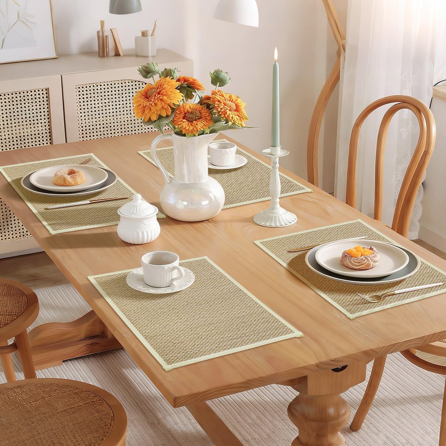 fanquare Bamboo Placemats with Fabric Border Set of 4 Natural Japanese Wooden Table Mats Sushi Rolling Mat for Dining Kitchen Room