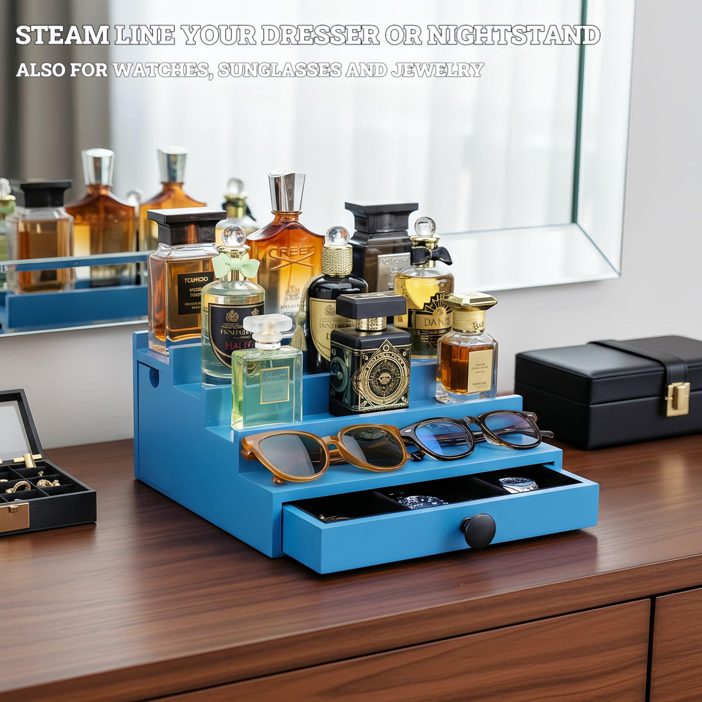 4 Tier Black Cologne Organizer with 4 Tier Blue one