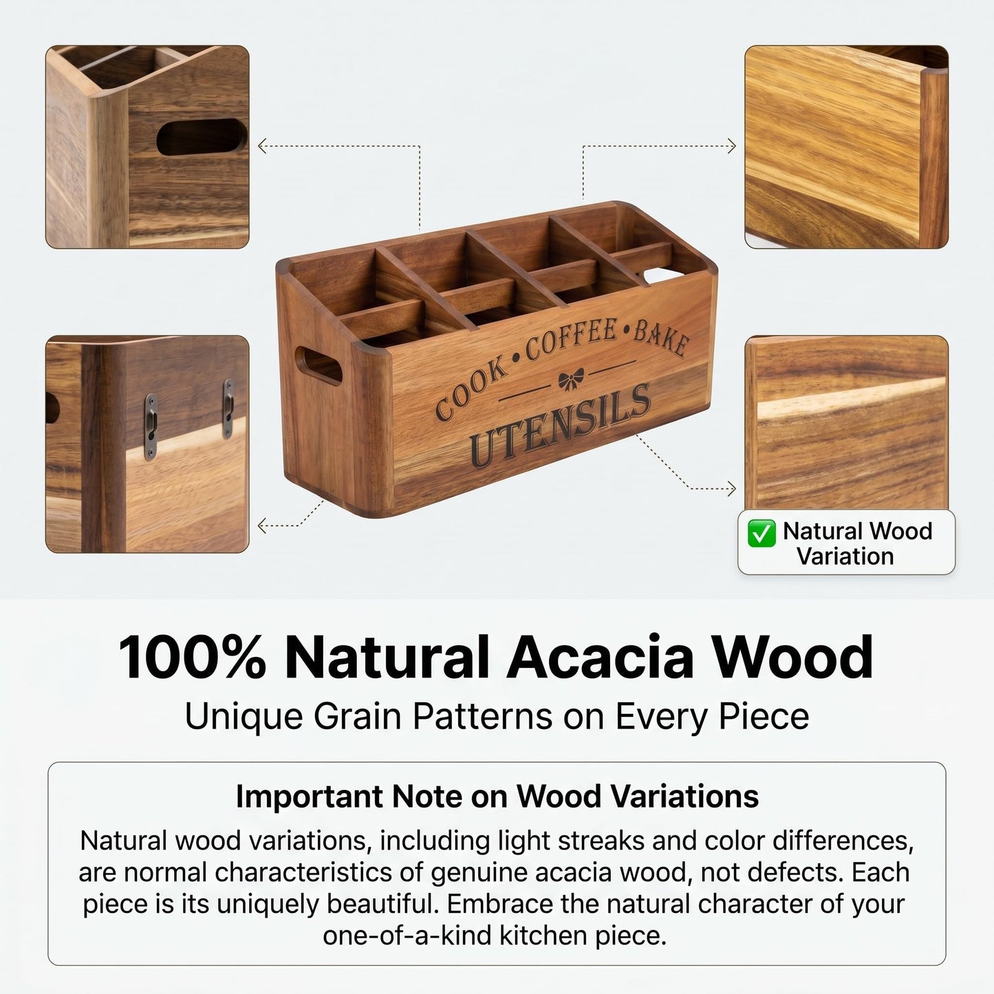 YanKiTour Wooden Kitchen Utensil Holder, Acacia Wood, Extra Large, 4-Compartment, Countertop Organizer, Wall Mount Option, Cooking Utensil Caddy, Ventilation Holes & Non-Slip Pads (4 Compartments)