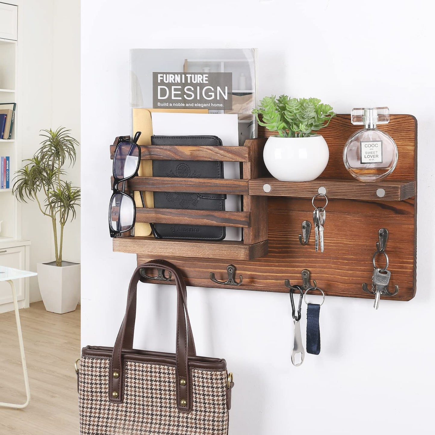 Decorative Key Hanging Rack with 10 Hooks – Easy Install Natural Wooden Key and Mail Holder for Wall Mount – Entryway Decor Rack with Shelf (Brown)