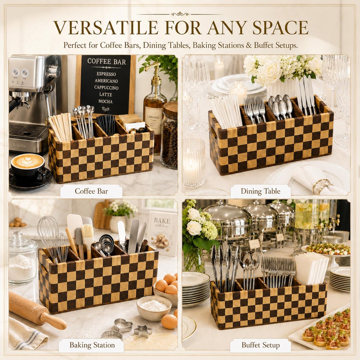 TKISZYZR Acacia Wood Kitchen Utensil Holder Organizer for Counter/Countertop Kitchen Gift, 4-Compartment Crock Caddy with Handle, Spoon Spatula Silverware Storage - Checkered Large