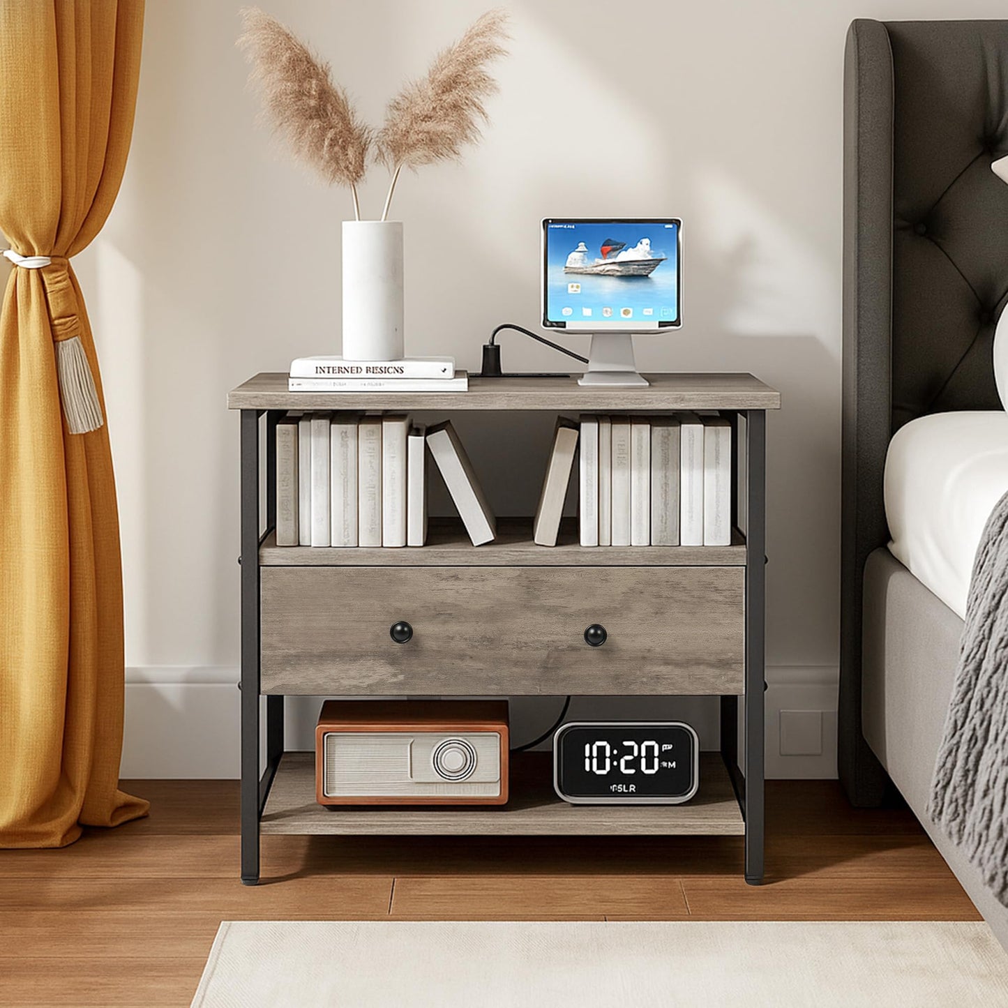 Edbuosy 27 Inch Wide Night Stand with Charging Station, Wood Nightstand with Open Shelf, Large Drawer Bedside Table for Living Room/Bedroom/Office, Rustic Gray