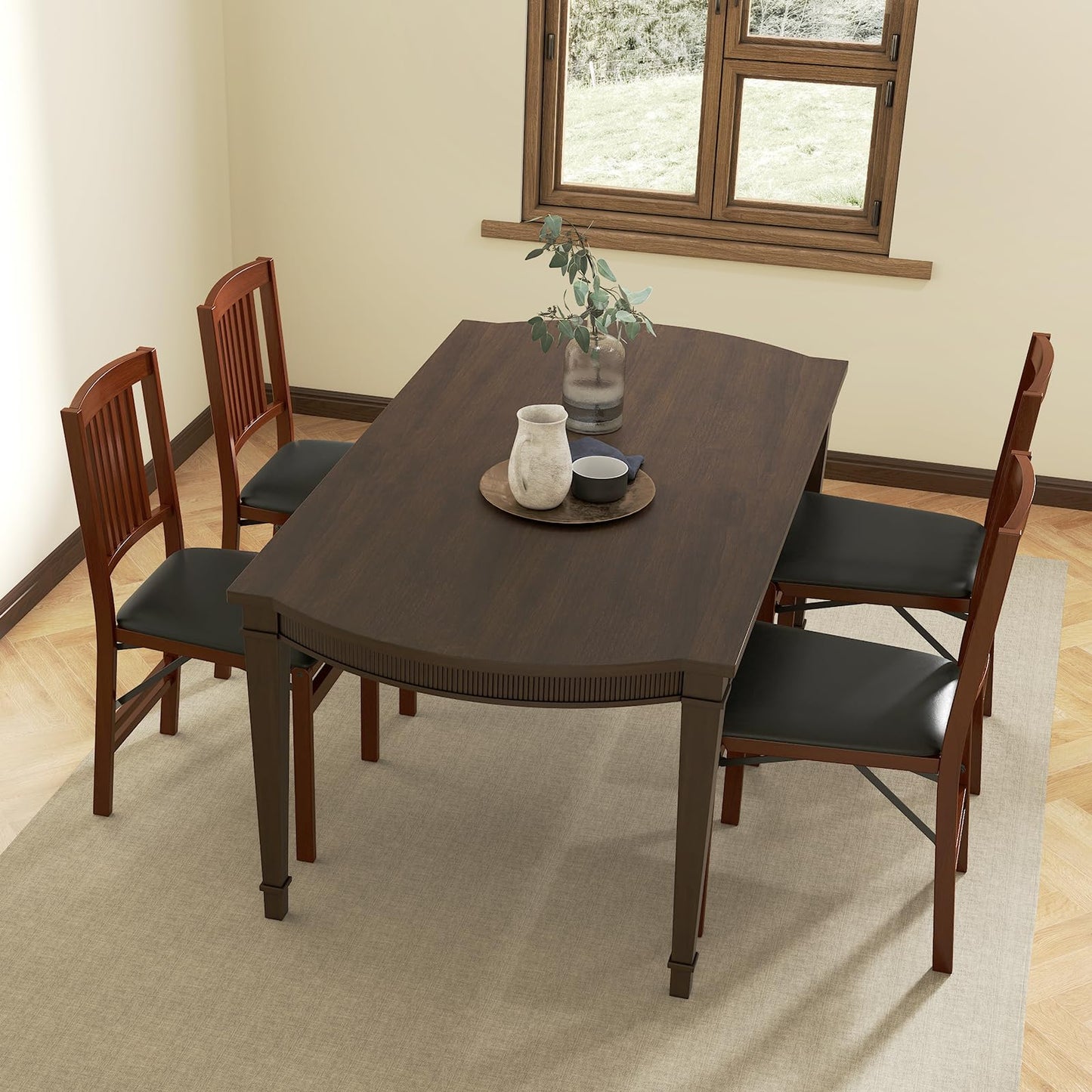 COSTWAY Folding Dining Chairs Set of 2, Wooden Kitchen Side Chairs w/Padded Seat, Solid Wood Frame, 400 LBS Load Bearing, No Assembly Needed, Vintage Foldable Chairs for Dining Room, Living Room