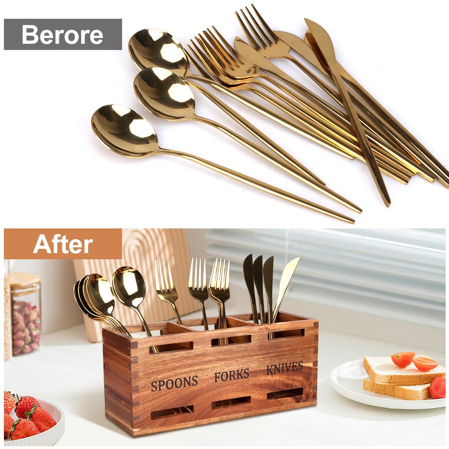 Gtencemen Acacia Wood Silverware Caddy Wooden Flatware Cutlery Holder Silverware Organizer Storage Small Utensil Holder for Kitchen Counter Spoon and Fork Holder Flatware Utensil Caddy for Party