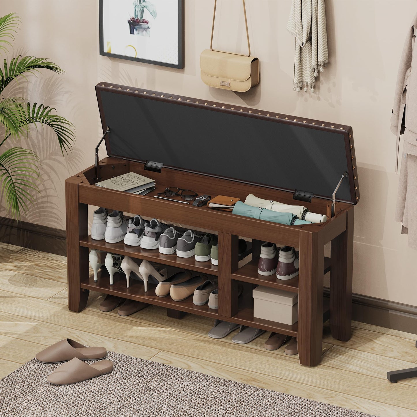 Shoe Bench for Entryway, Solid Rubberwood Shoe Bench with Hidden Storage, Adjustable 2-Tier Shelves & Soft PU Leather Seat, Shoe Rack Durable Easy Assembly for Hallway or Bedroom - Brown, 39.4"