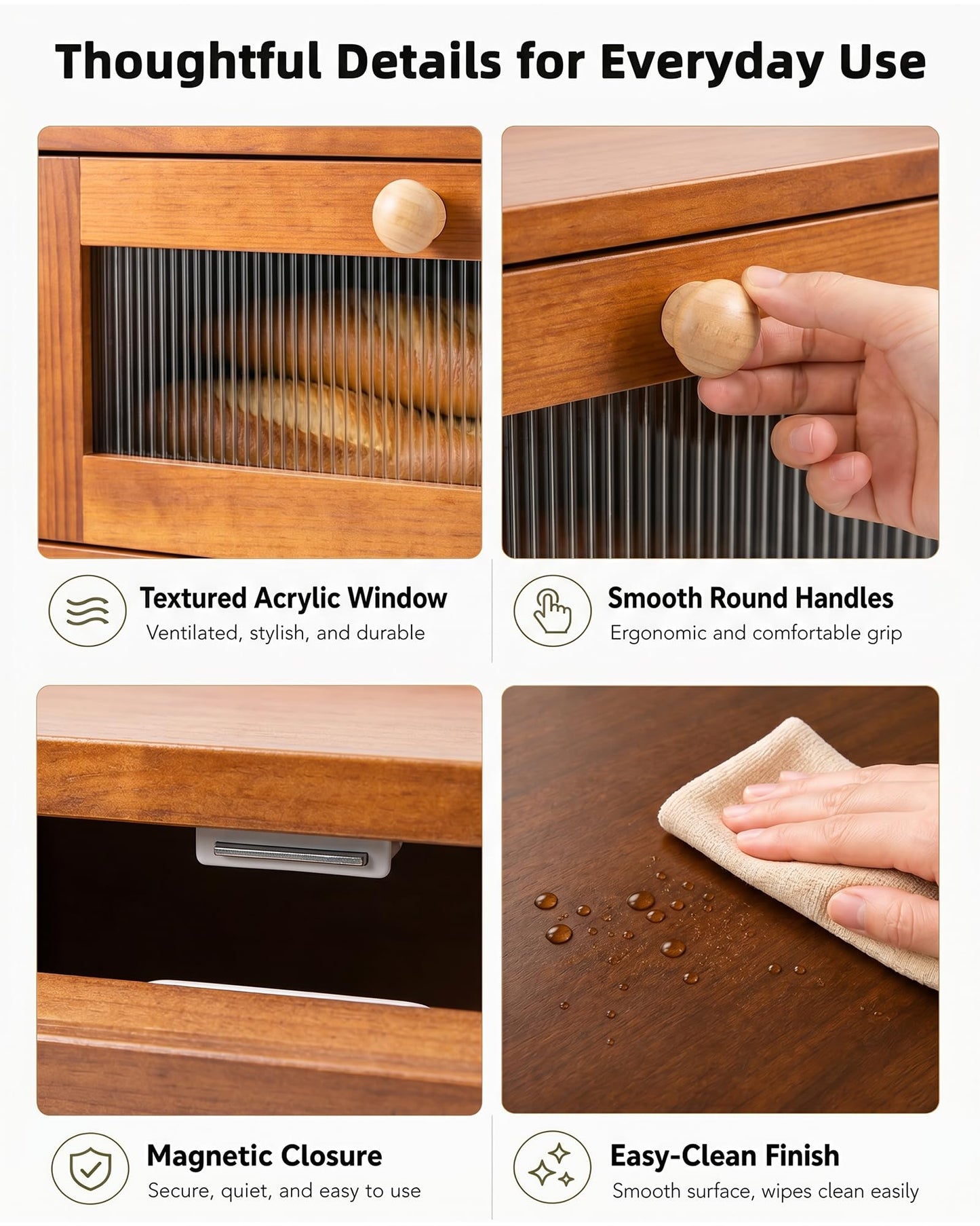 Natapai Wooden Bread Storage Box For Kitchen Countertops, Double-Layered Large-Capacity Bread Box With Acrylic Viewing Window And Cutlery Storage Box-Cherry Wood Color