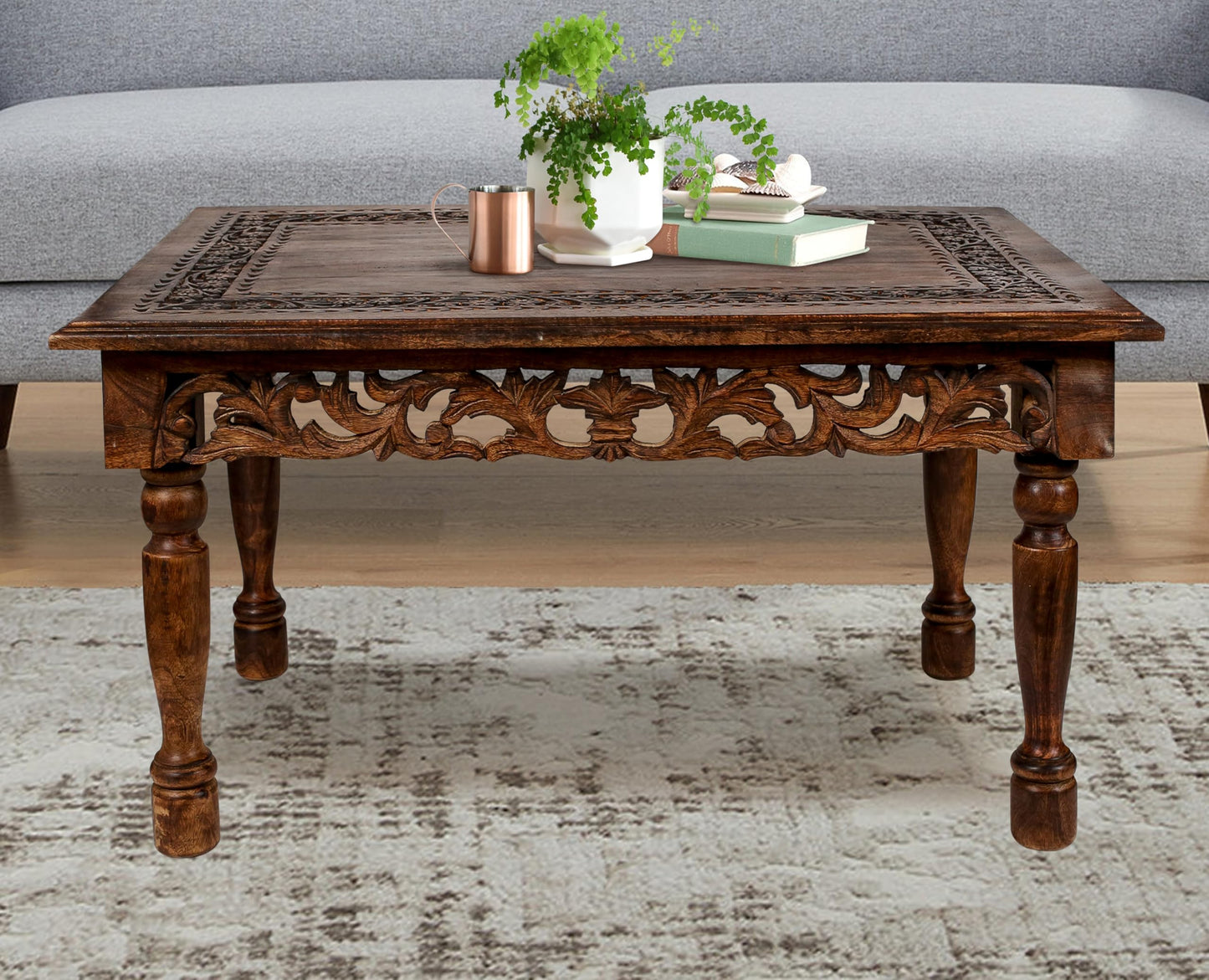 Rectangular Wooden Coffee Table Cutwork Jali Carving, Farmhouse Coffee Table, Rustic Center Table, Mid Century, Rustic and Modern Style Living Room Furniture - 36x24x18 Inch Burnt