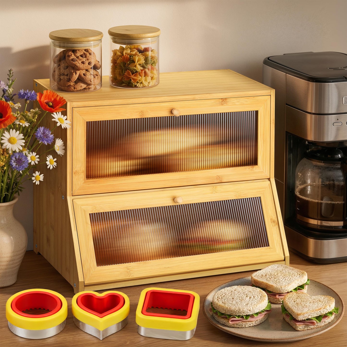 Boulora Large Bread Box for Kitchen Countertop - Bamboo Wooden Bread Box, Vintage Breadbox Countertop Cabinet, Double-Layer XL Sourdough Holder, Ventilated Clear Windows, Cutters & Sealers
