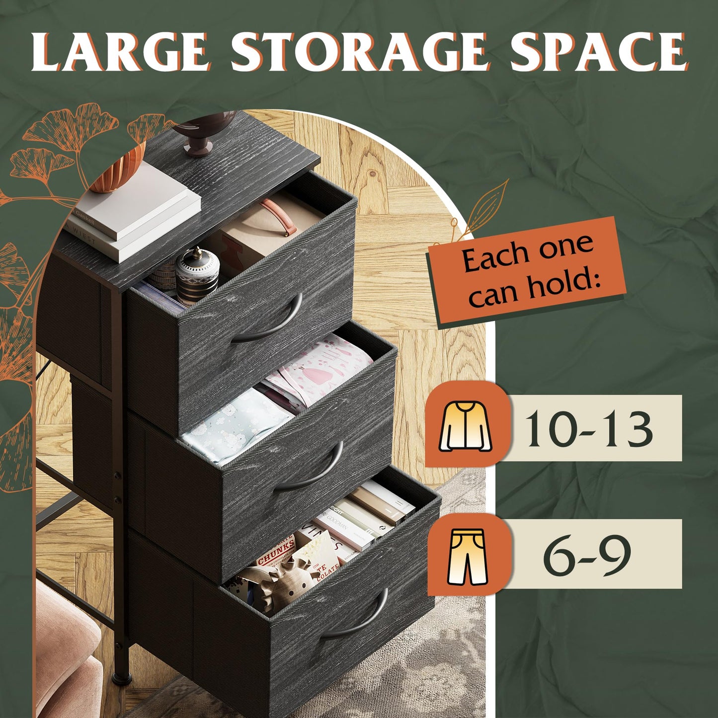 WLIVE 3 Drawer and 9 Drawer Dresser Set, Dresser for Bedroom, Closet, Hallway, Storage Organizer Unit, Dressers & Chests of Drawers with Fabric Bins, Charcoal Black Wood Grain Print