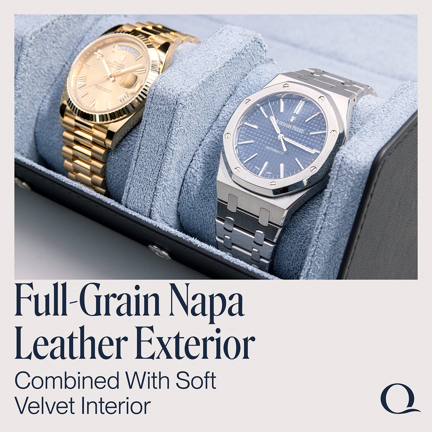 QWATCHBANDS Napa Leather Watch Rolls for Men - Hexagon Triple Watch Roll Travel Case for 3 Watches - Storage Organizer Genuine Leather with Velvet Interior Display (Gray/Blue)