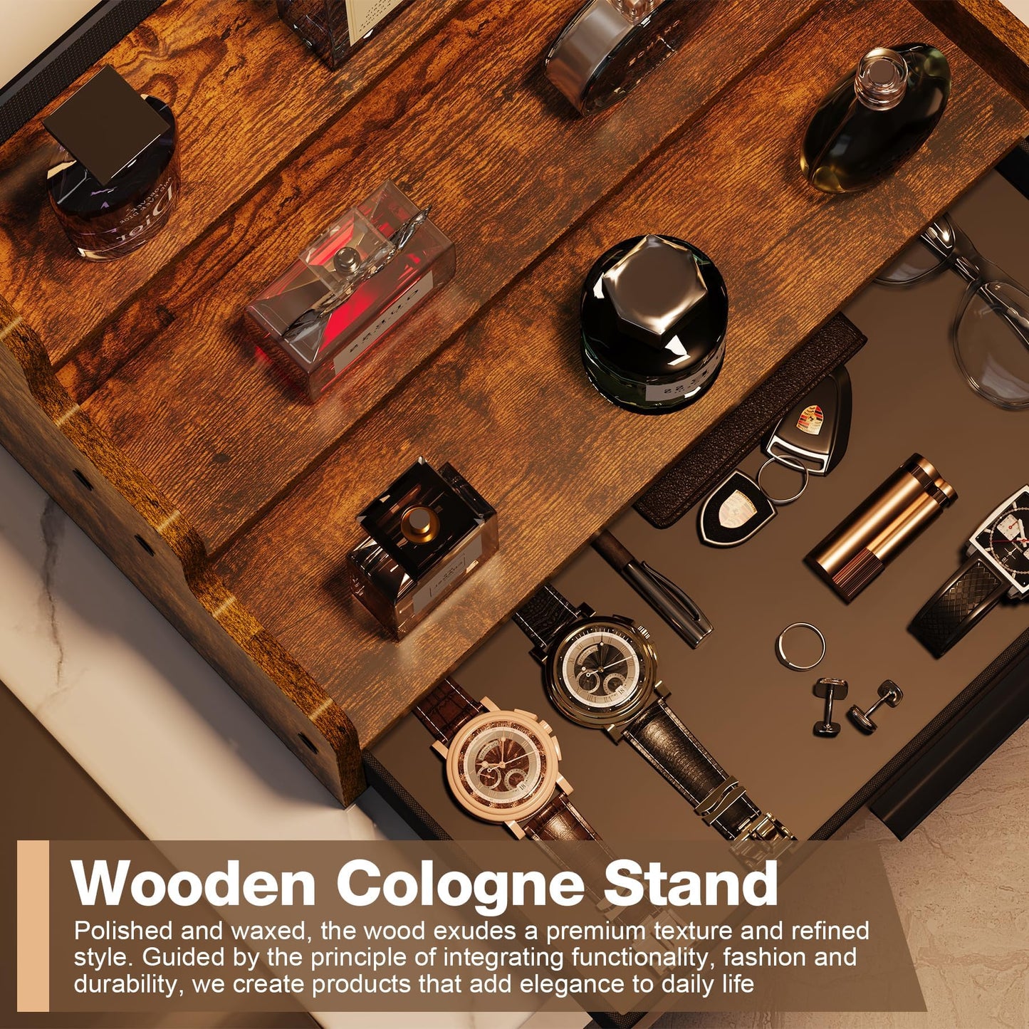 Yuzehuaza 3 Tier Cologne Stand with Drawer, Wooden Cologne Organizer for Men/Women, Retro Perfume Stand Organizers, Display Riser Shelf Holder for Skincare and Makeup Organizers, Rustic Brown
