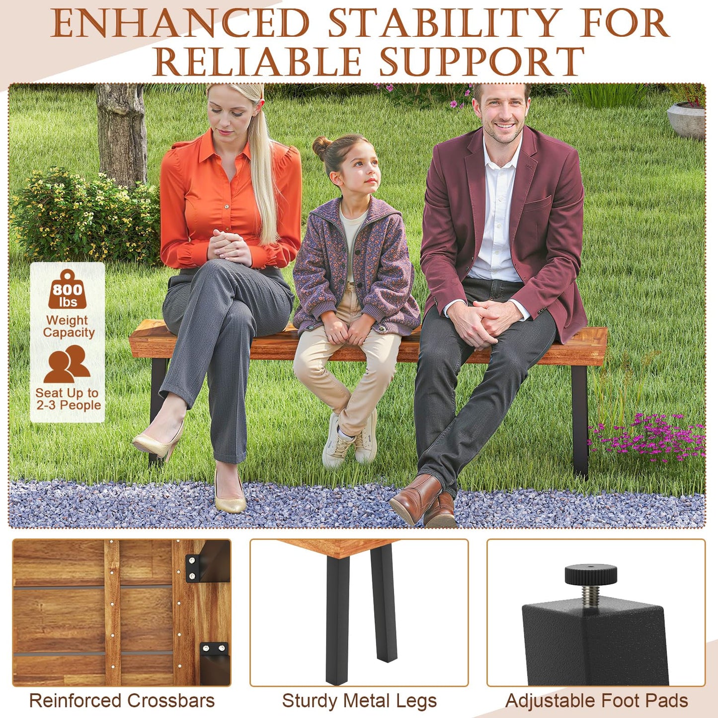 Tangkula Outdoor Acacia Wood Bench, Patio Dining Picnic Bench with Steel Legs for Porch Garden Poolside Living Room Balcony, Ideal for Indoor & Outdoor Use (1, Teak)