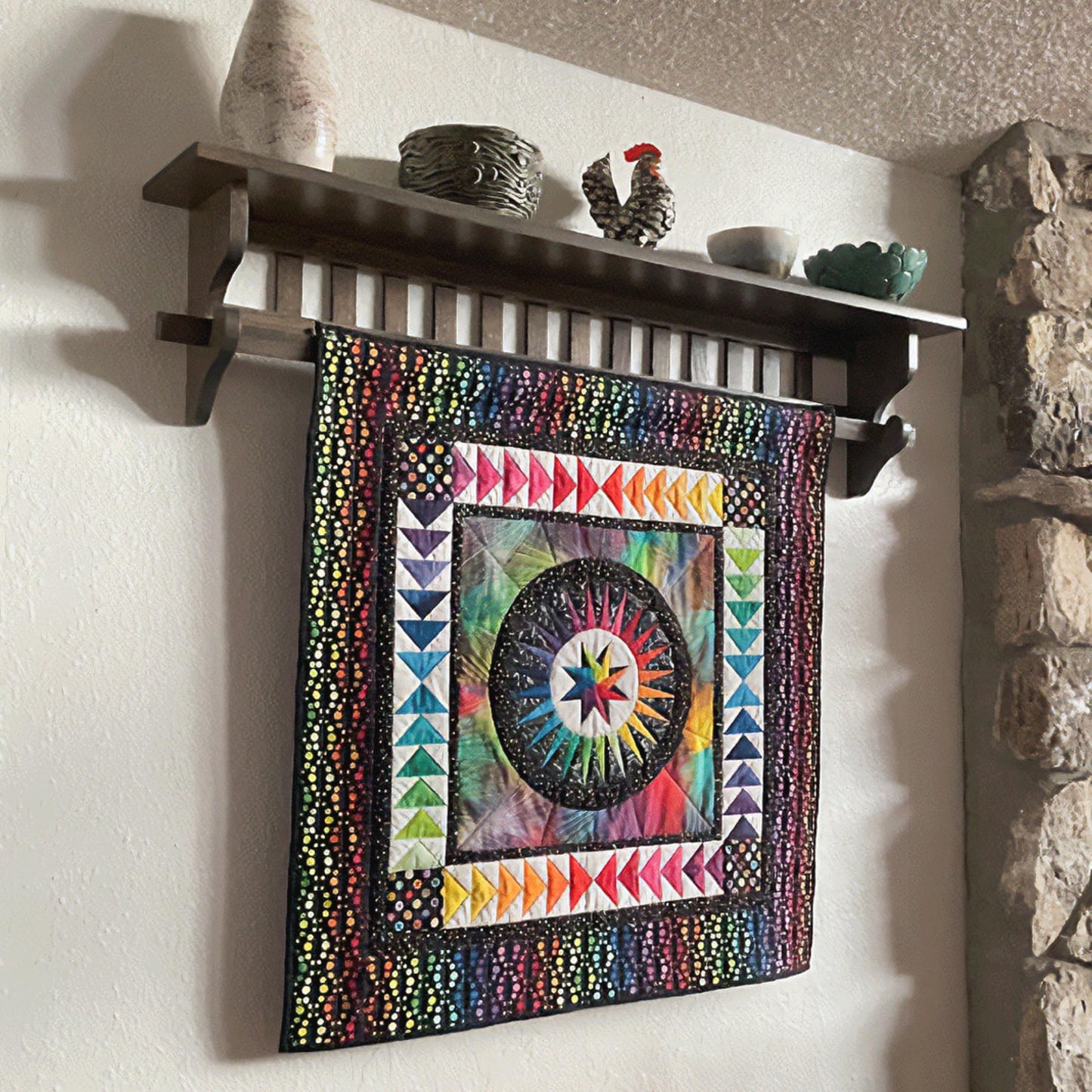 RRD Mounted Mission Style Quilt Rack with Shelf - Amish Made Quilt Hanger for Wall Hangings with Display Shelf - Rustic Quilt Wall Tapestry Rug Hangers Oak Wood, Fruitwood Stain 36"