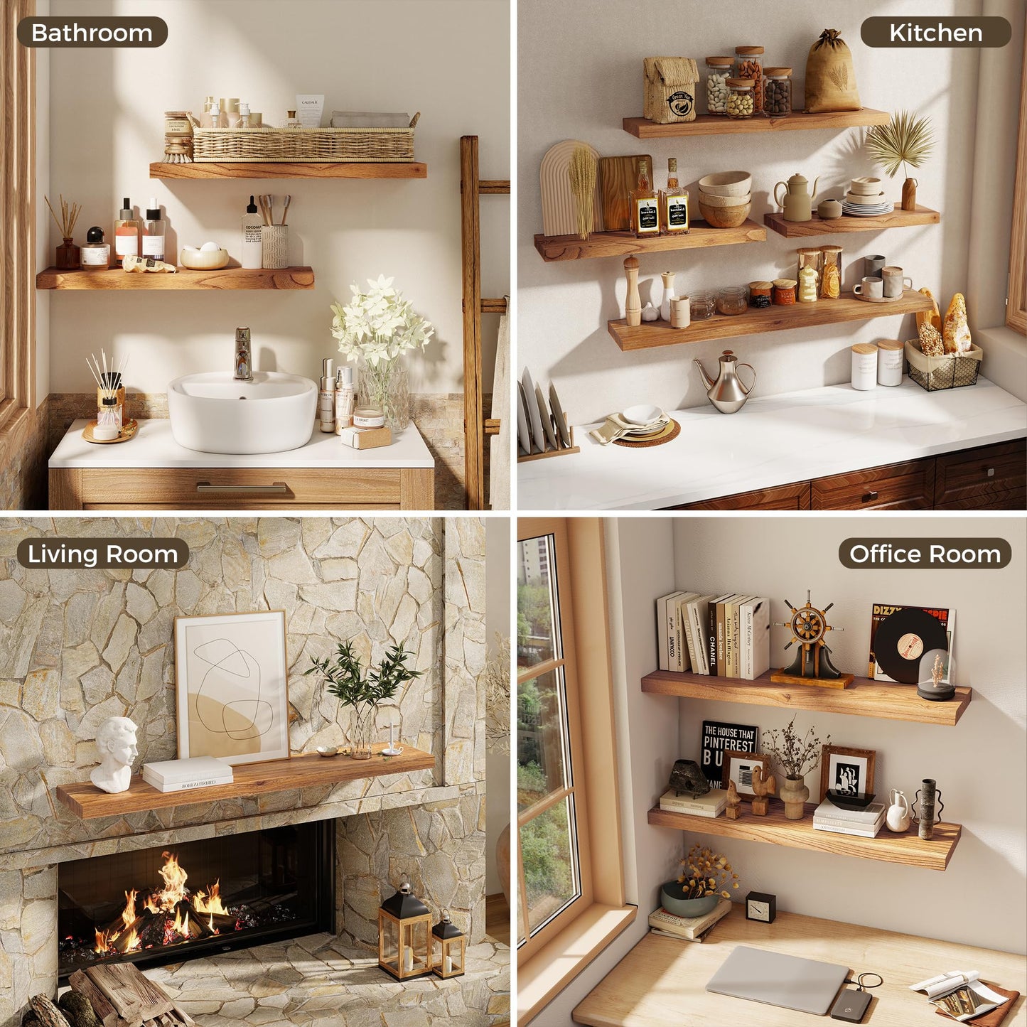 RICHFOCUS 30inch Natural Floating Shelves for Wall, 8" Deep High End Solid Real Wood Wall Shelves for Bathroom, Rustic Wooden Floating Shelves with Invisible Brackets for Books Storage Decor, Set of 2