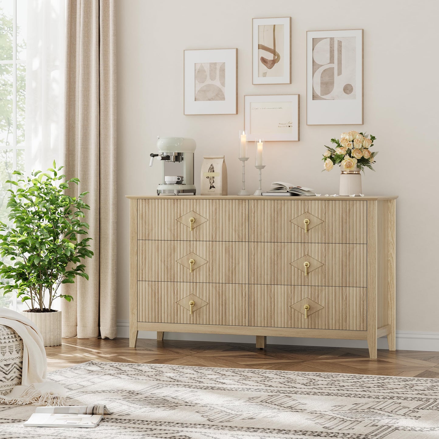 GarveeHome Fluted Dresser for Bedroom, 54 Inch Wide 6-Drawer Wood Dresser, Modern Chest of Drawers, Storage Organizer Cabinet for Living Room, Hallway, Entryway, Natural Oak