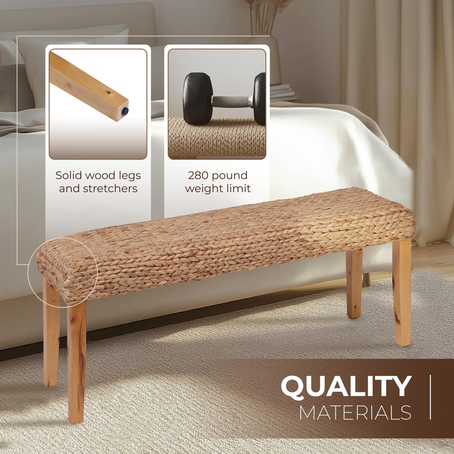 Solid Wood Acacia Indoor Bench with Natural Woven Seat, 47 Inch Wood Bench for Living Room or Entryway Bench, Bedroom End of Bed Bench or Dining Benches, Window Bench (Fishbone, Water Hyacinth)