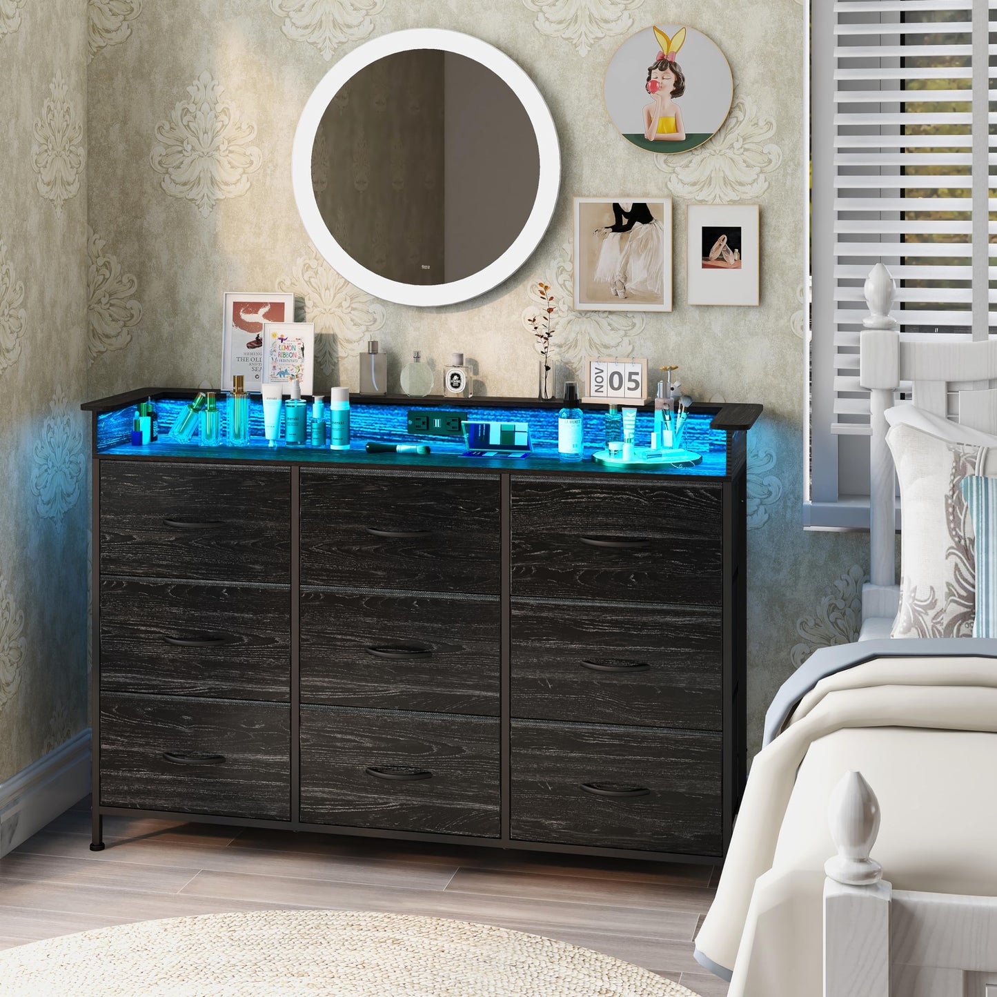 EXOTICA Black Dresser with Charging Station 9 Drawers Dresser with LED Light and USB Ports Fabric Dressers for Bedroom Hallway Entryway Closets Sturdy Steel Frame Wood Top