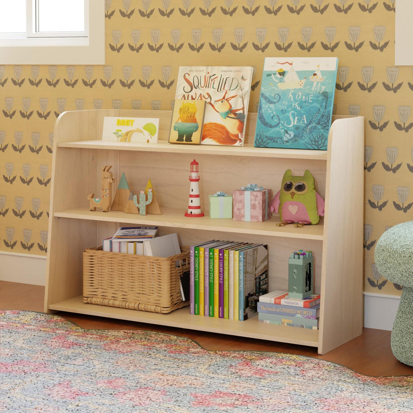 Babyletto Melo Montessori 3 Shelf Bookcase, GREENGUARD Gold Wood Bookshelf - Easy Assembly Book Case w/Wide Storage Shelves, Modern Wooden Book Shelf for Living Room, Bedroom, Office, Washed Natural