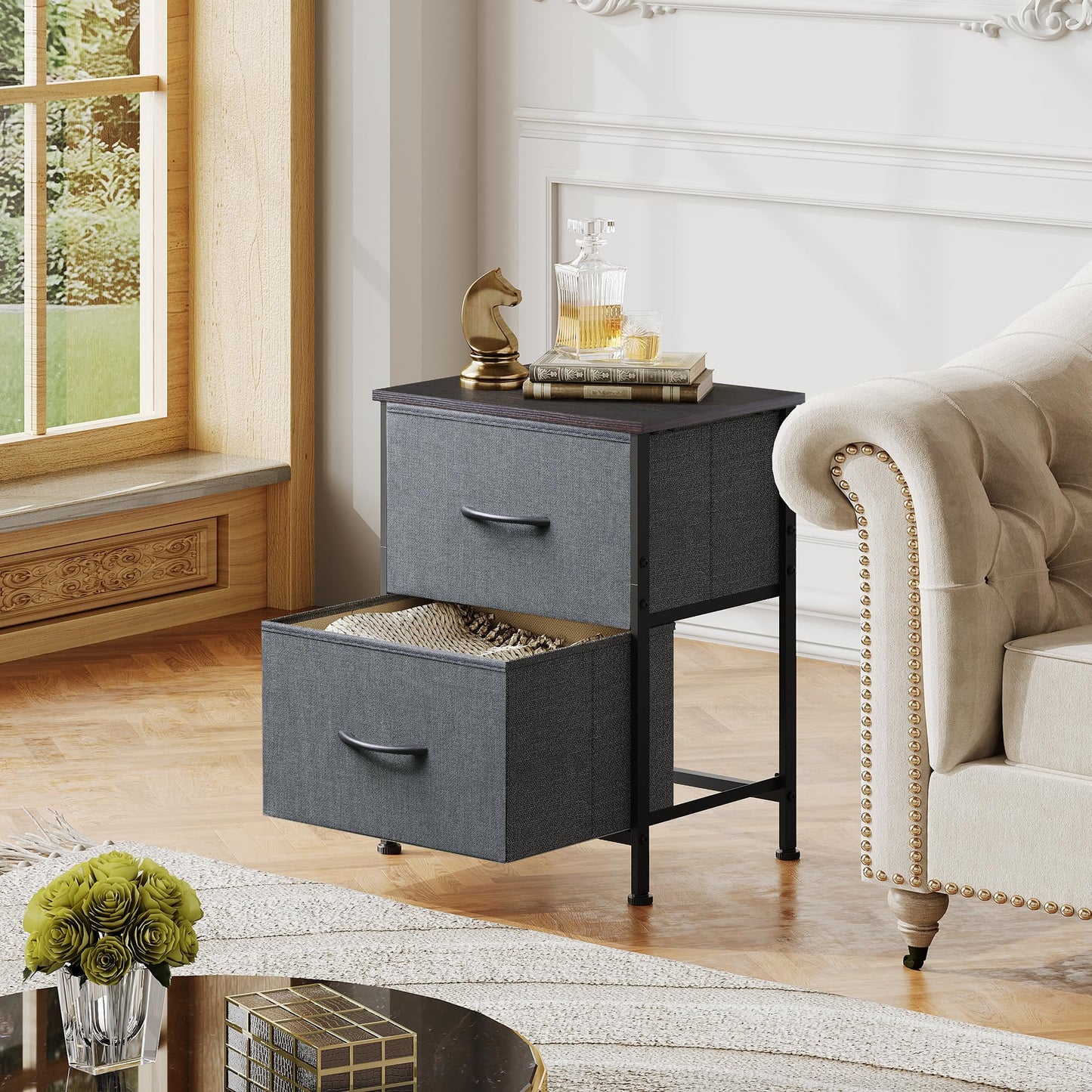 WLIVE 9-Drawer Dresser & Nightstand with 2 Fabric Drawers for Bedroom, Hallway, Entryway, Closet, Organizer Unit with Fabric Bins, Steel Frame, Wood Top, Easy Pull Handle, Dark Grey