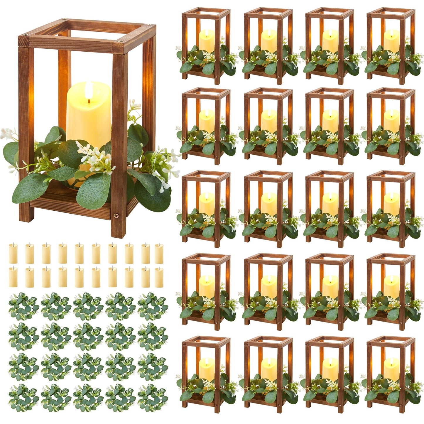 Tristcily 60 Pcs/20 Set Wooden Wedding Lantern Centerpiece,Wooden Centerpieces for Tables-with 20 Holders 20 Candles 20 Wreaths for Rustic Table Decoration Country Barn Wedding Party (Brown)