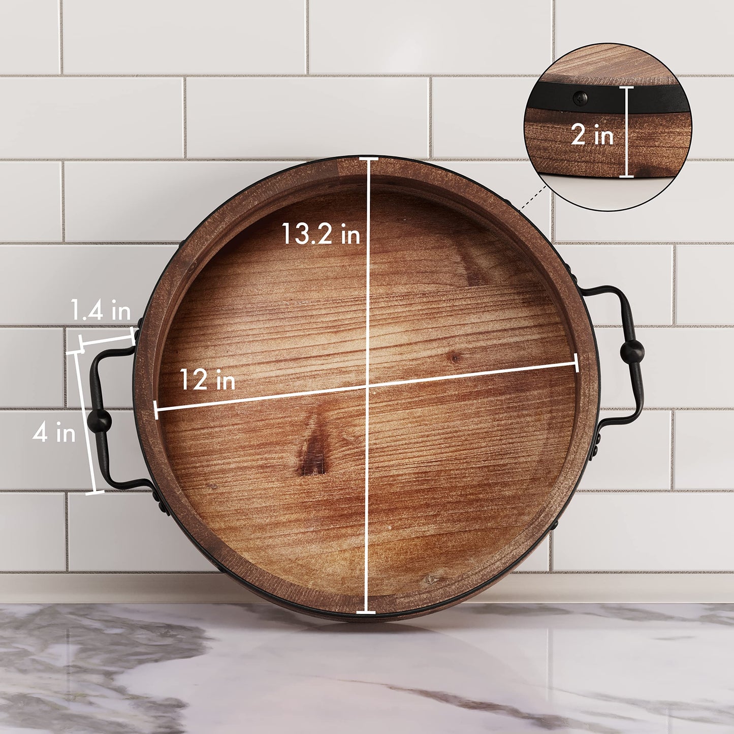 Round Coffee Table Tray - 13.2'' Farmhouse Wood Serving Tray with Metal Handles - Round Decorative Trays for Coffee Table - Wooden Circle Trays for Kitchen Counter