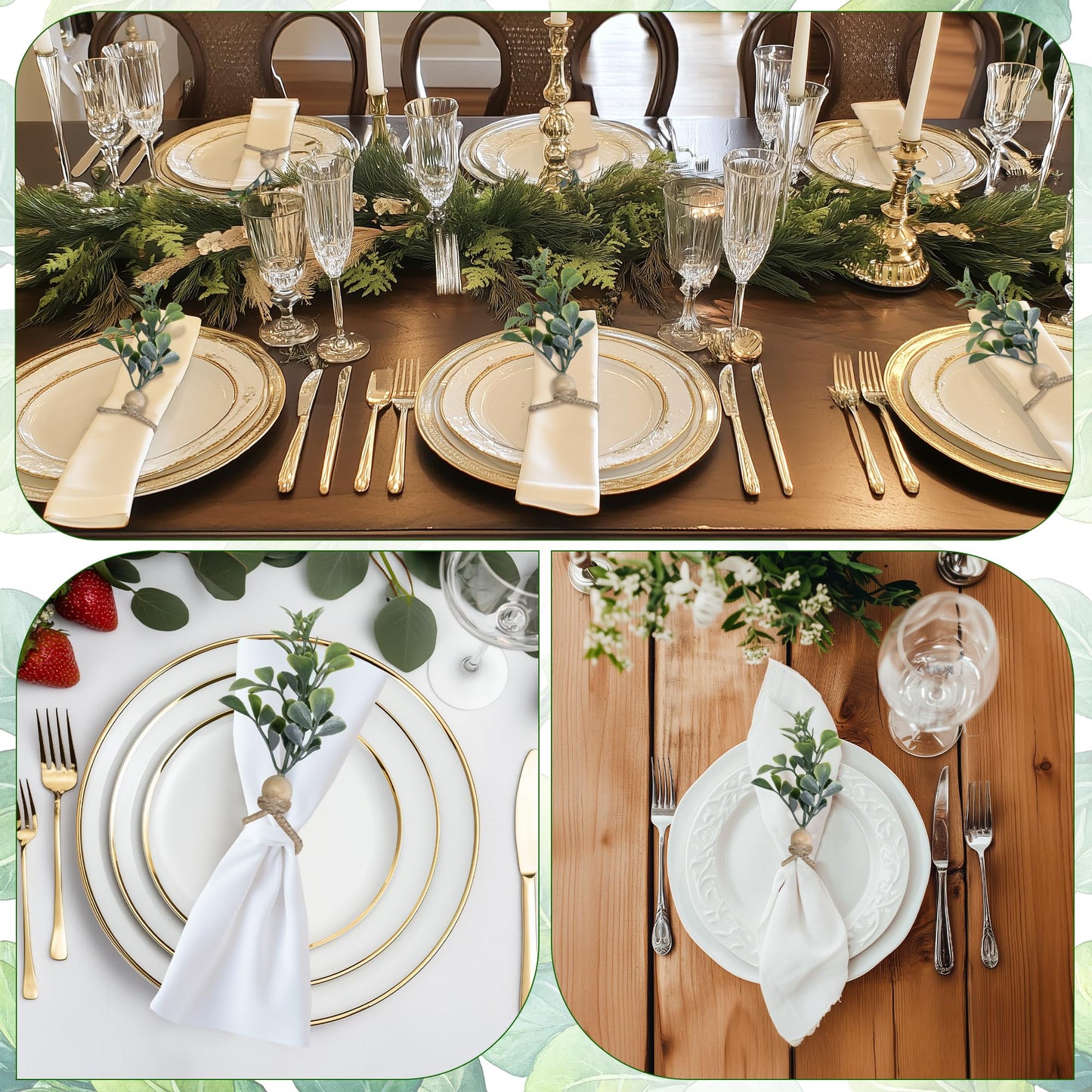 MAOANME Napkin Rings Set of 30, Rustic Eucalyptus Napkin Holder Rings with Wood Bead, Farmhouse Green Leaf Napkins Ring Bulk, Boho Napkins Ring for Wedding, Table Decor