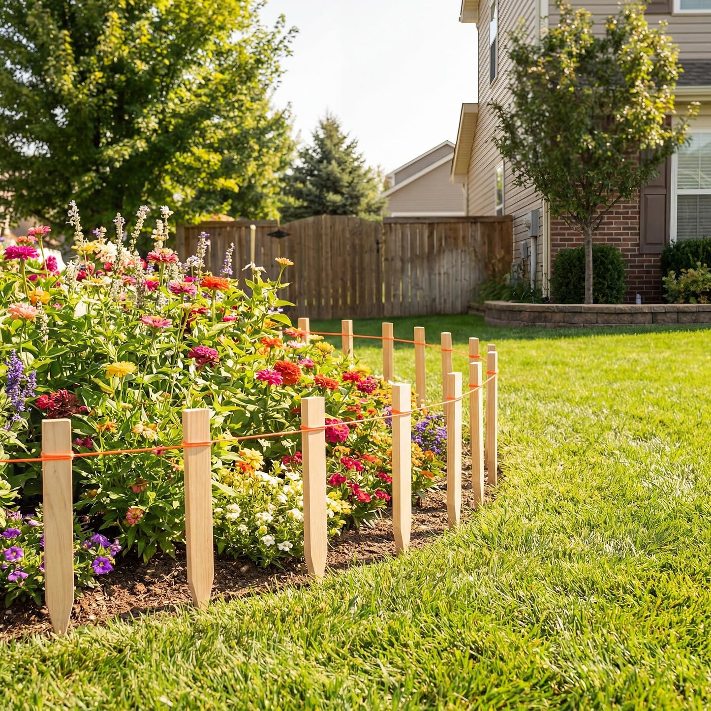 ElaraBerry 48 Pcs Wooden Garden Stakes 1 Roll Orange Mason String Line Set 500 ft #18 Braided Nylon Construction String 12 Inch Grade and Survey Stakes for Masonry Garden Surveying Plant Support Fence