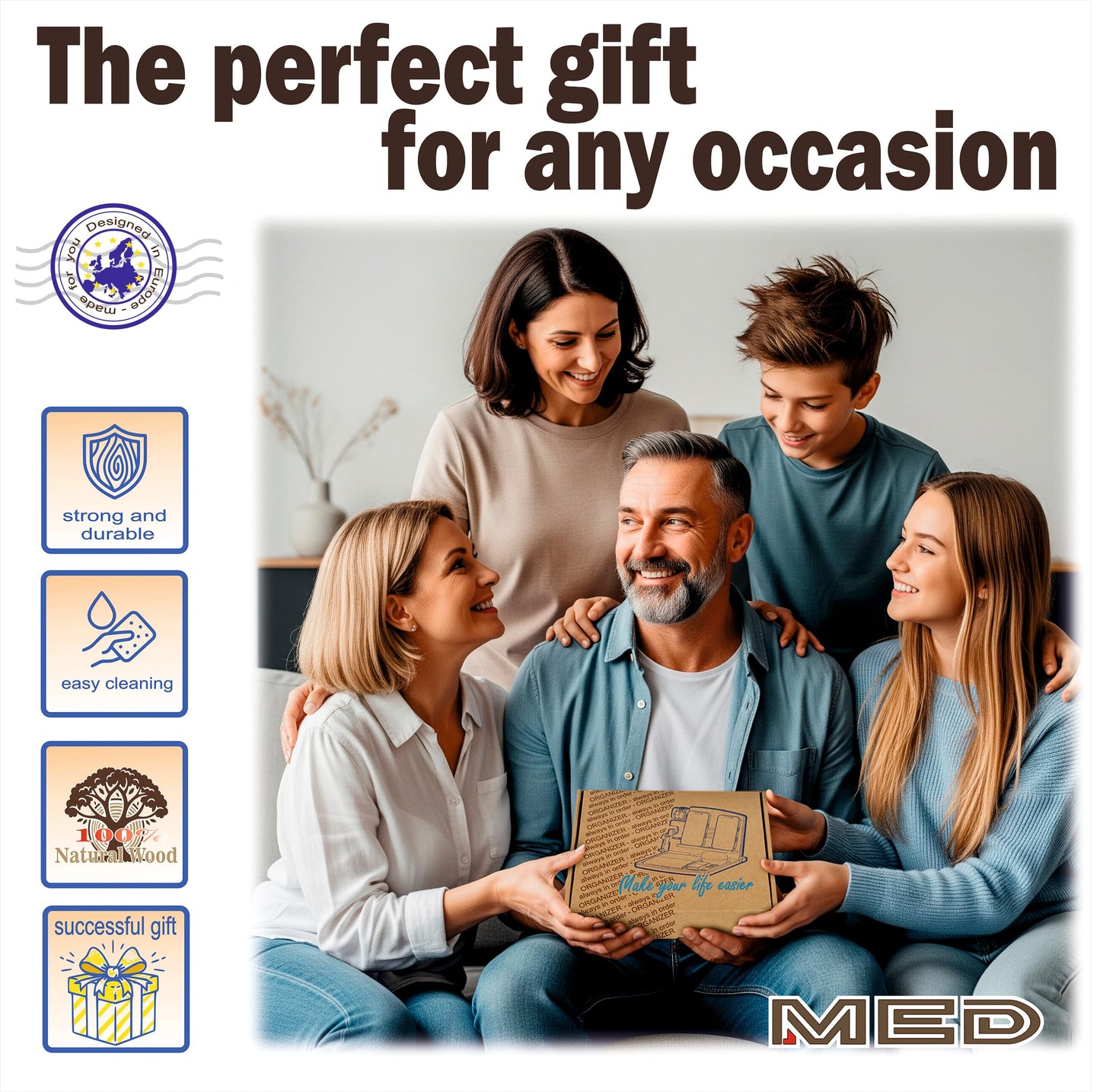 MED Wood Phone Docking Station for Men – Nightstand Organizer & Charging Station for Multiple Devices – Birthday Gift for Husband Dad, Father's Day – Holds Phone, Watch, Wallet, Keys (Dark Walnut)