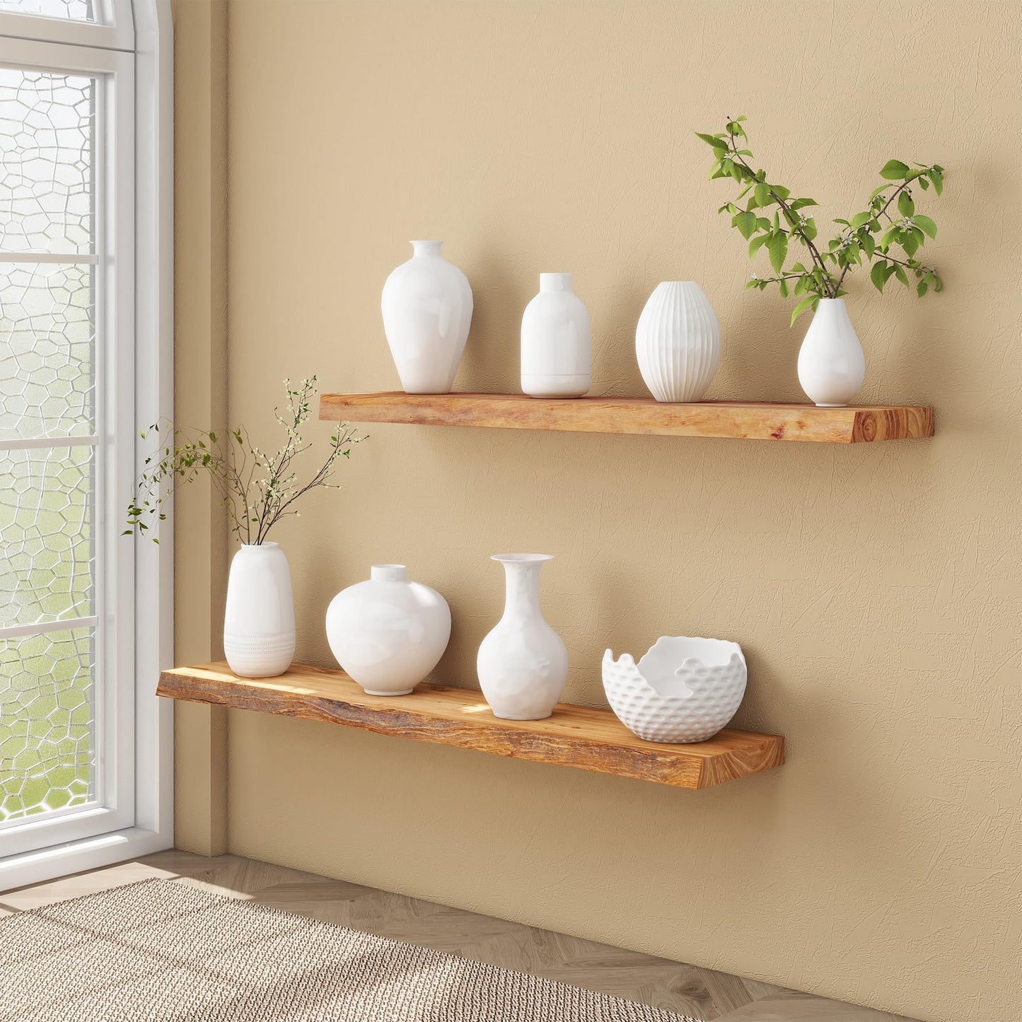 fuqing Live Edge Floating Shelves for Wall - Solid Elm Wood Floating Shelves 48 Inch - 9 Inch Deep Natural Wooden Wall Shelves with Heavy Duty Metal Brackets and Anchors
