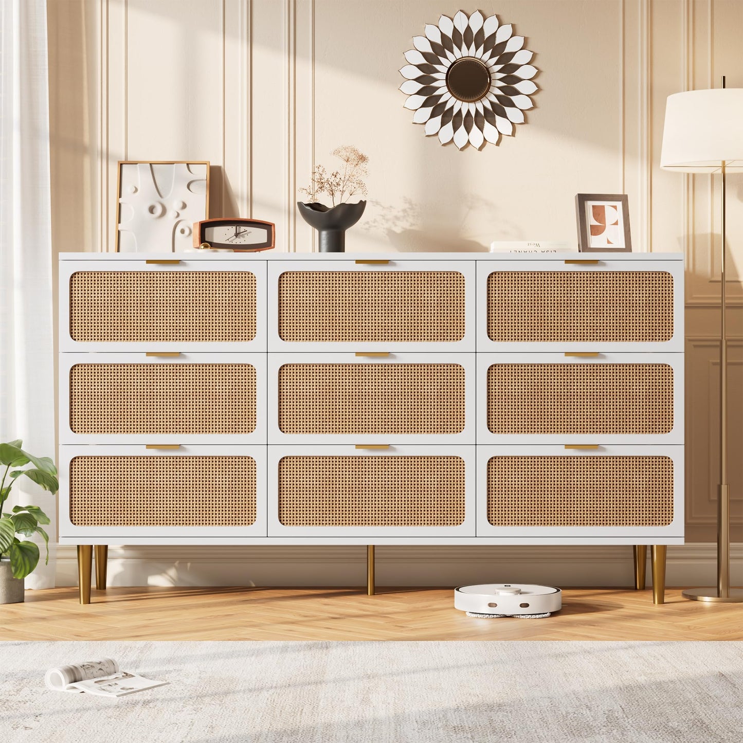 GarveeHome Rattan 9 Drawer Dressers for Bedroom, Tall Dresser with Deep Drawers, Large Chest of Drawers for Closet with Wide Top, Long Wooden Dresser for Living Room, Hallway, Kids Room, White