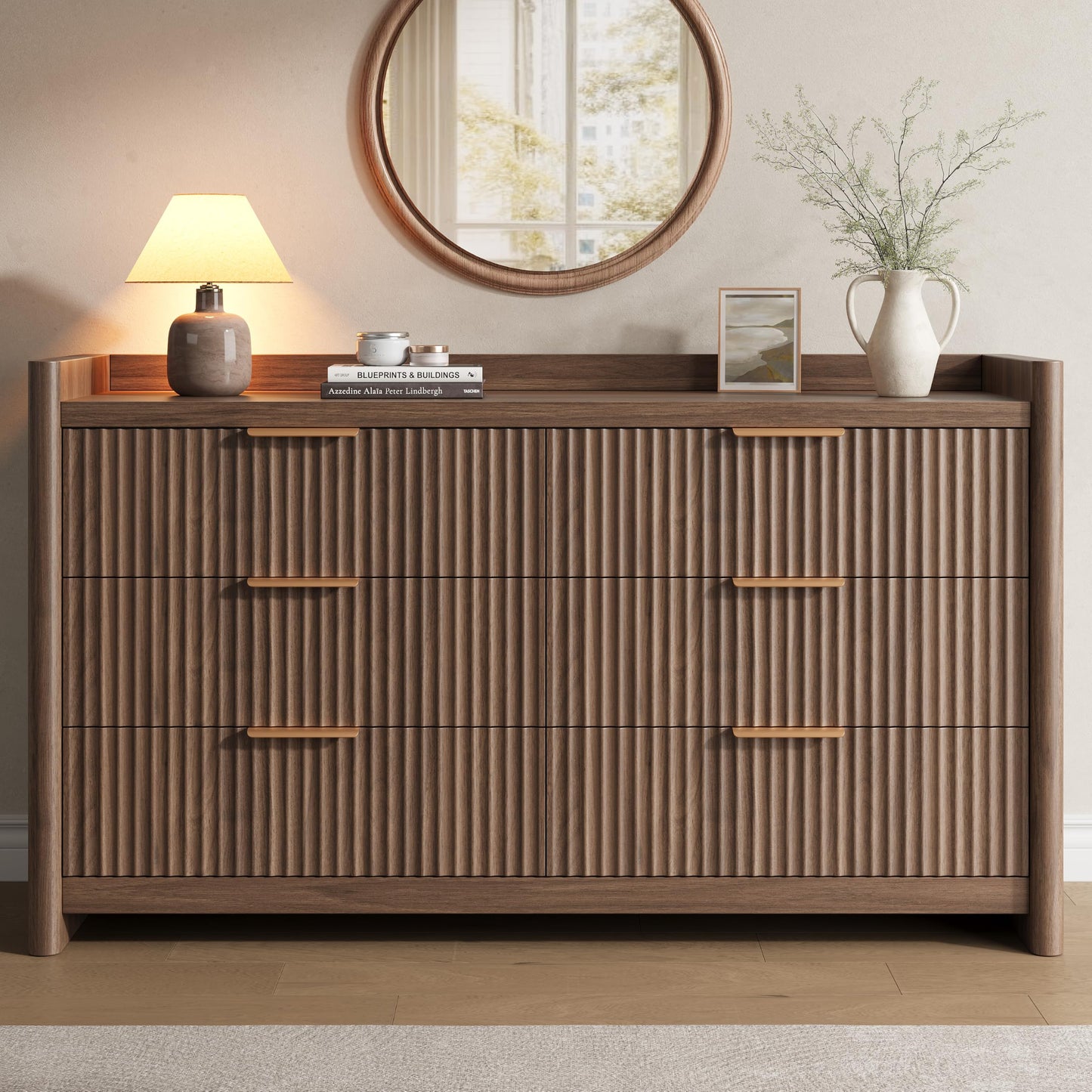 Decofy 6 Drawer Dresser for Bedroom, Fluted Dressers with Rounded Edge & Raised Lip Top, Anti-Tip Chest of Drawers for Living Room, Hallway, Entryway, Walnut