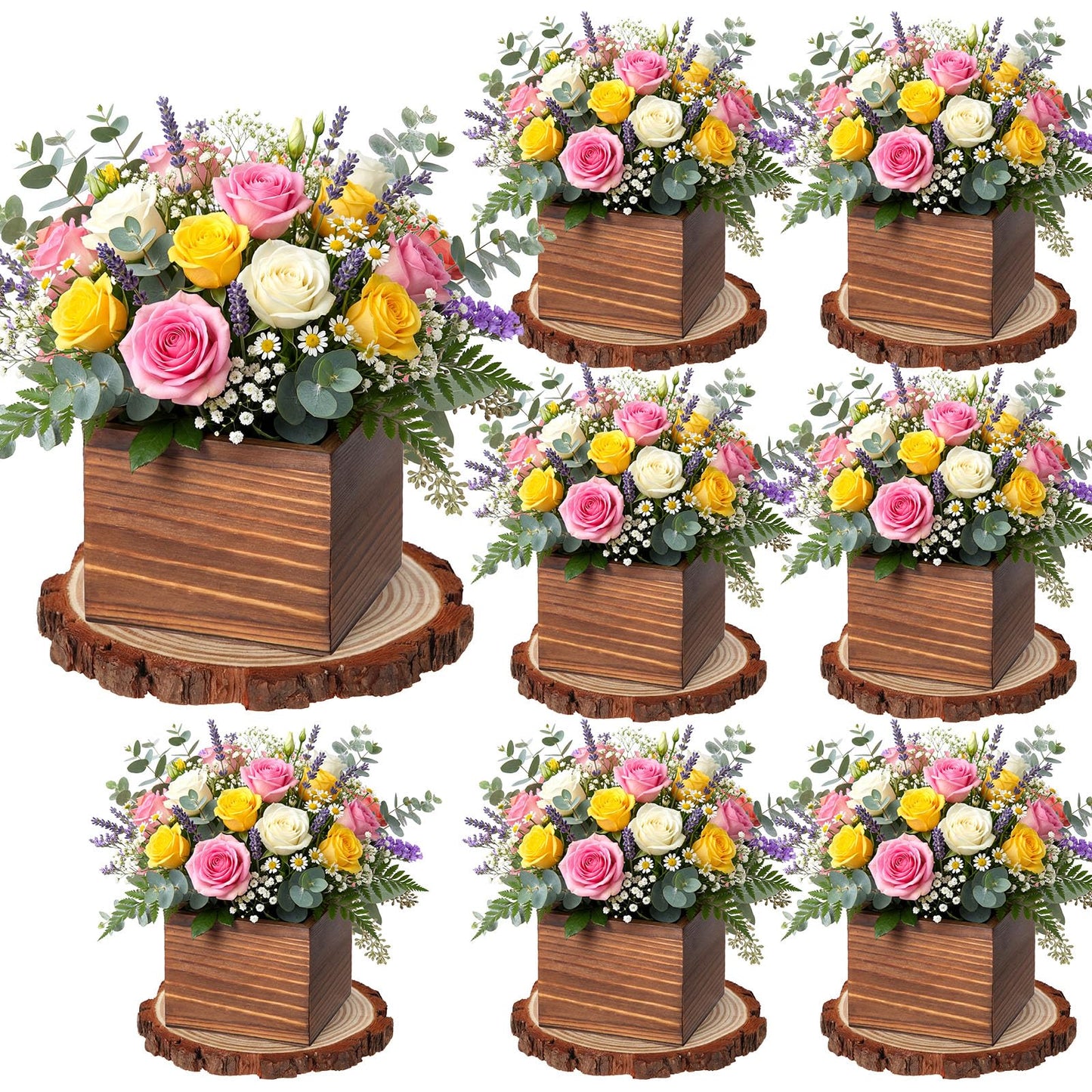 Leinuosen 16 Pcs Wedding Centerpieces Decor Set 8 x 4-inch Rustic Wood Cube Planter Box with 8 x Natural Wood Slices Tabletop Floral Arrangements for Baby Shower Home Garden Decorations(Brown)