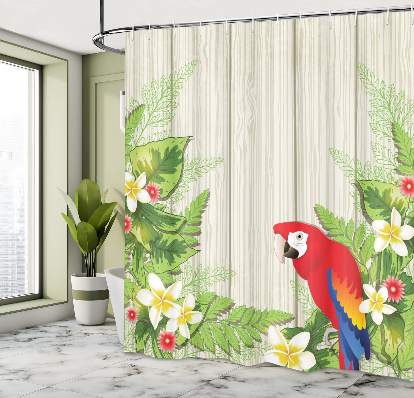 Ambesonne Parrot Shower Curtain, Tropic Flowers and Parrot in Summer Garden Wooden Wall Ferns Art, Cloth Fabric Bathroom Decor Set with Hooks, 69" W x 84" L, Cream Green Red
