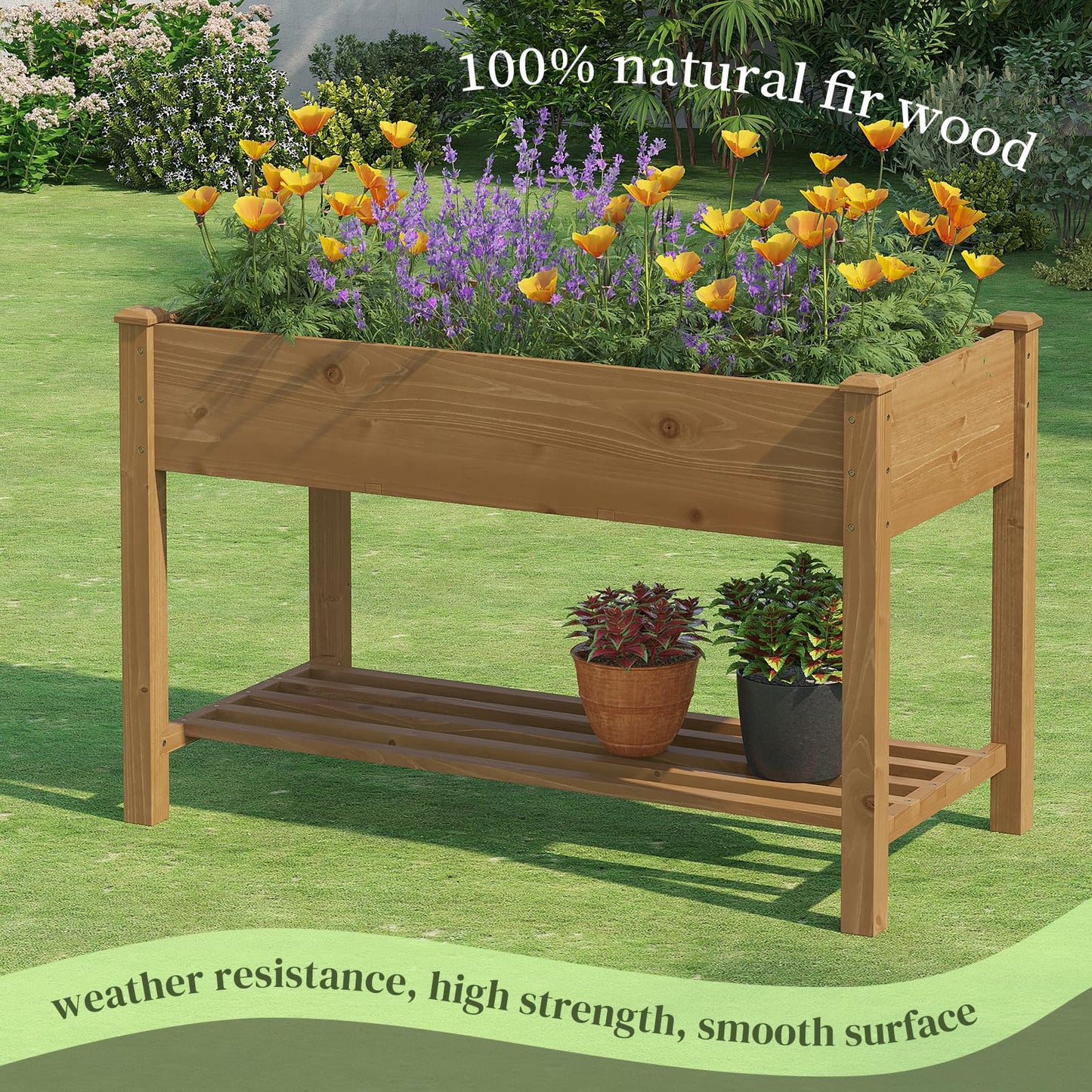 PULIJIAJU PL 48x24x30.5IN Raised Garden Bed with Legs Elevated Wooden Planter Box Stand Large Planter Stand Box for Fruits Vegetables Flowers Herbs w/Divider Liner (Brown-M)