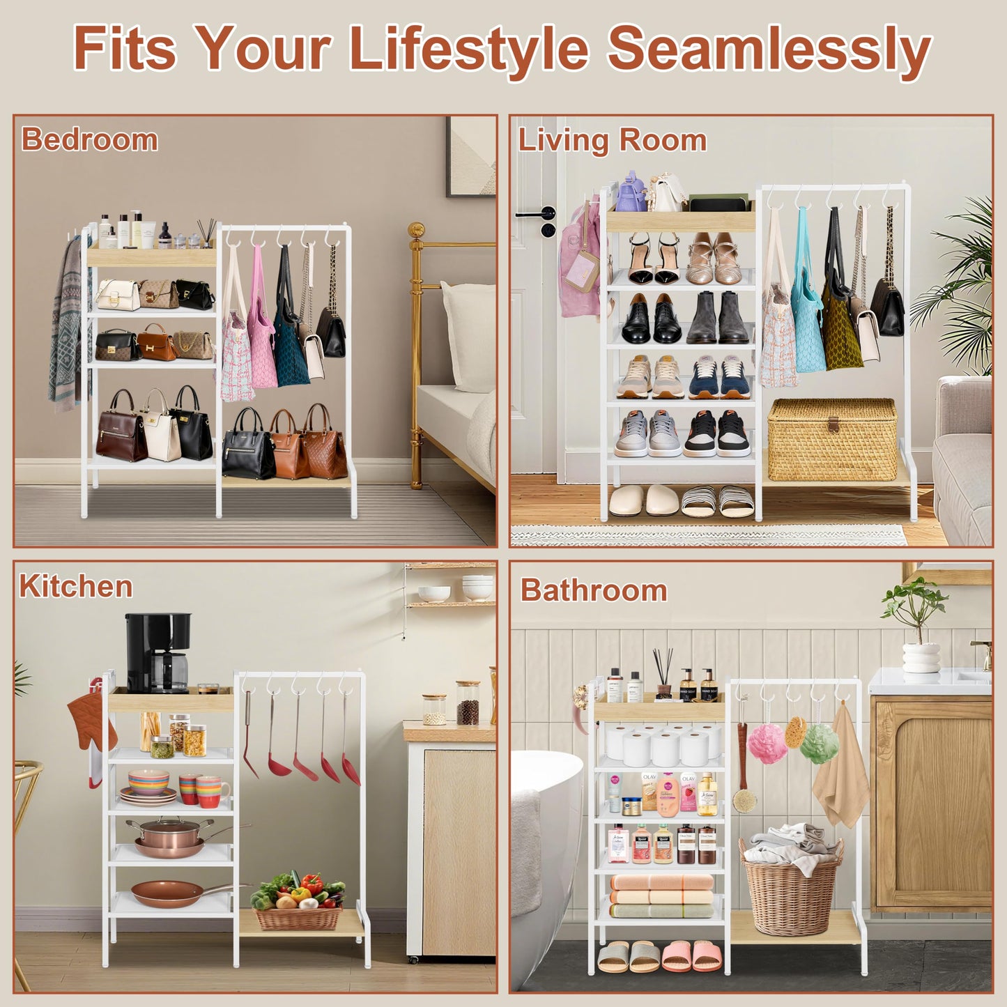 NauwaBarn 2-in-1 Shoe Rack for Closet with Purse Organizer, 5 Tier Shoes Shelf with Wooden Tray and Removable Shelves, Storage Organizer for Entryway, Garage, Hold Boots, Backpacks, White