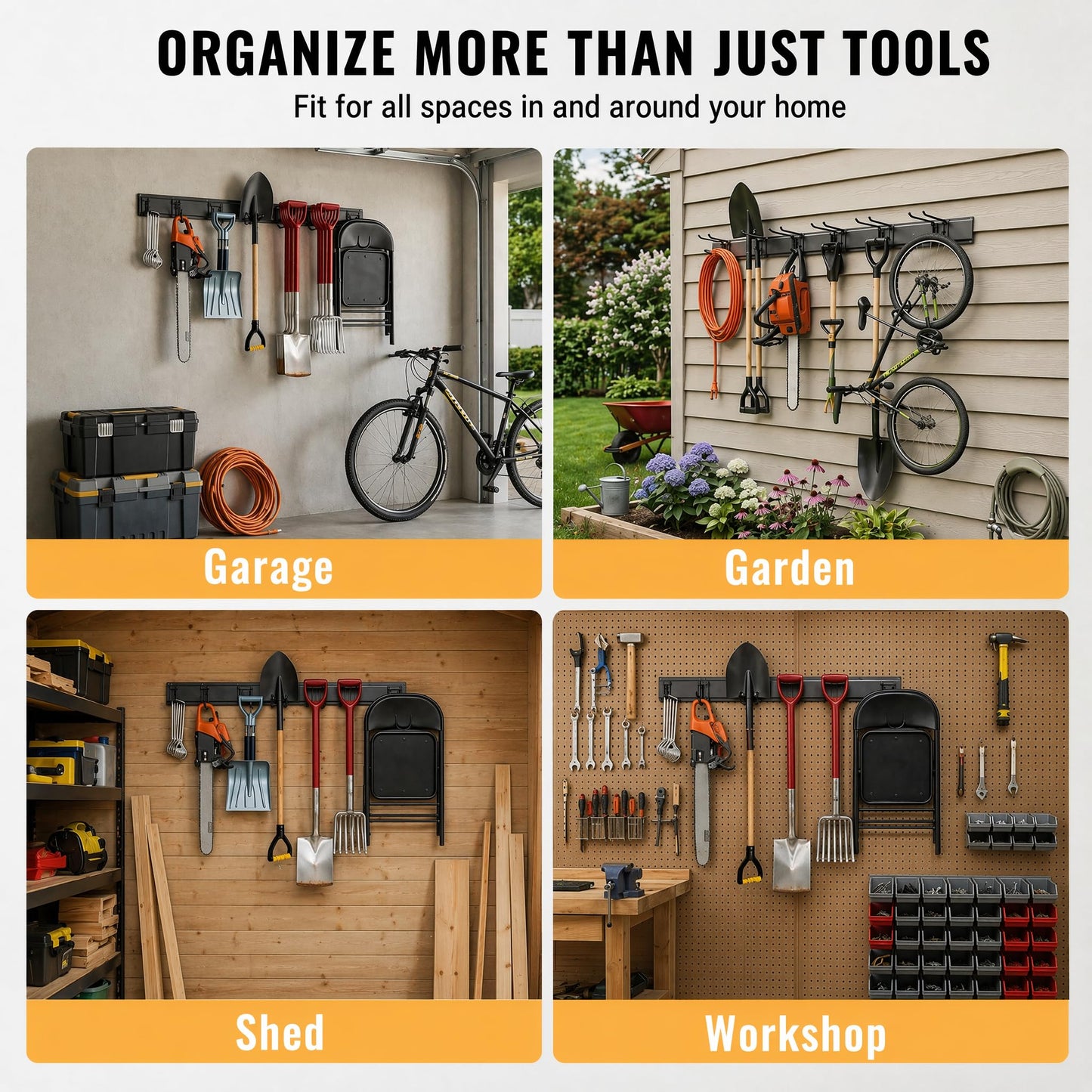 CBWLWJ Garage Tool Organizer Wall Mount, 64 inch Garage Wall Organizer, 680lbs Sturdy Garden Tool Organizer with 12 Adjustable Hooks, for Yard, Shed, Basement, Workshop(Black)