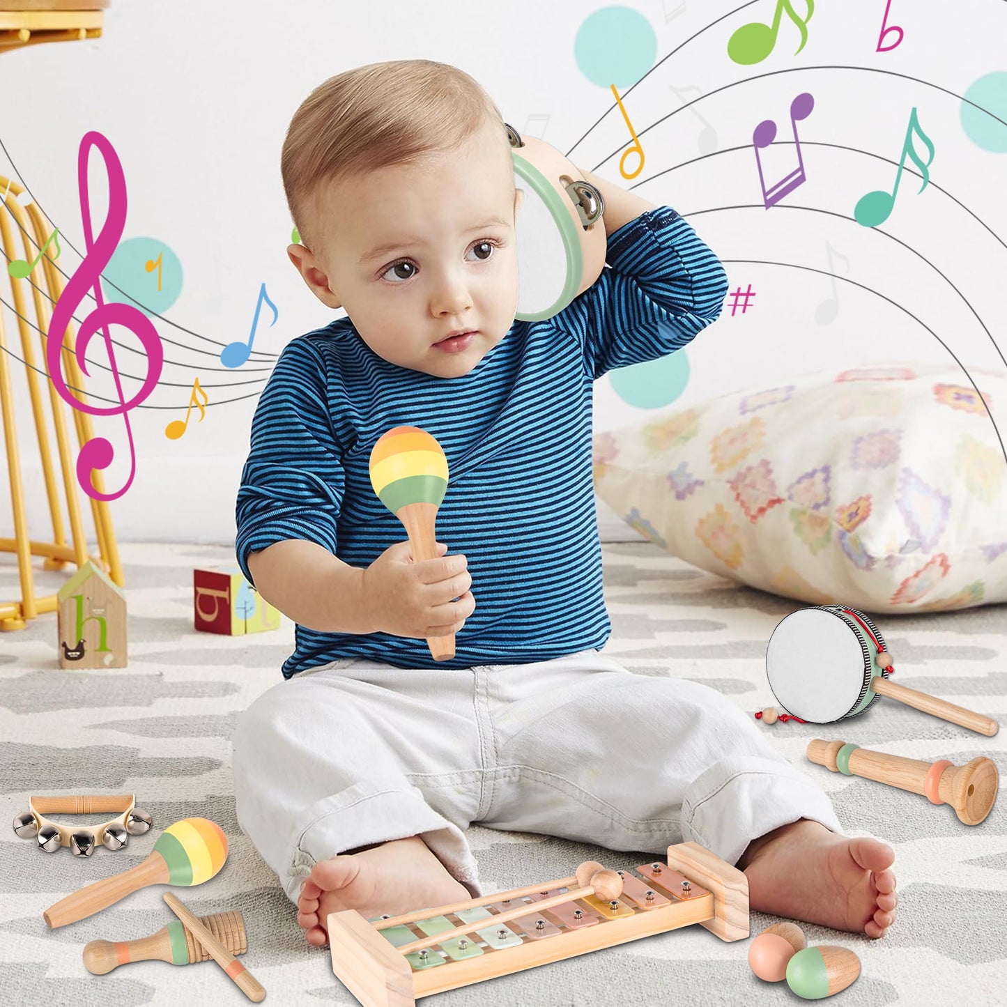 VINJOE Baby Musical Instruments-Toddler Montessori Wooden Musical Toys for Kids 1-3, Neutral Colors Percussion Instruments Set Early Learning Musical Toys for Preschool Educational Birthday Gifts