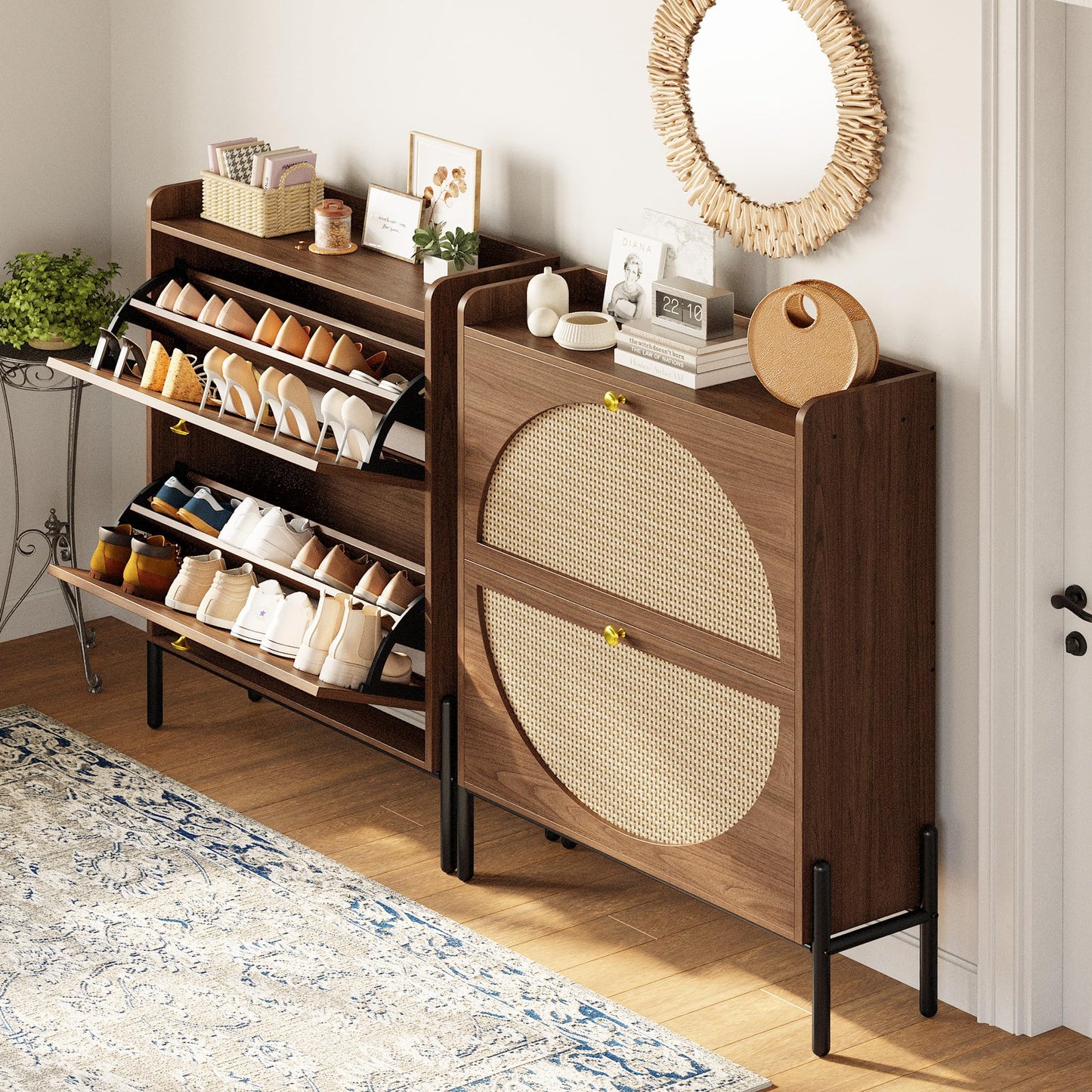 IRONCK Shoe Cabinet Storage with 2 Flip Drawers, Free Standing Wooden Shoe Storage Organizer Cabinet with Rattan Doors for Entryway, Narrow Shoe Rack Cabinet, Walnut