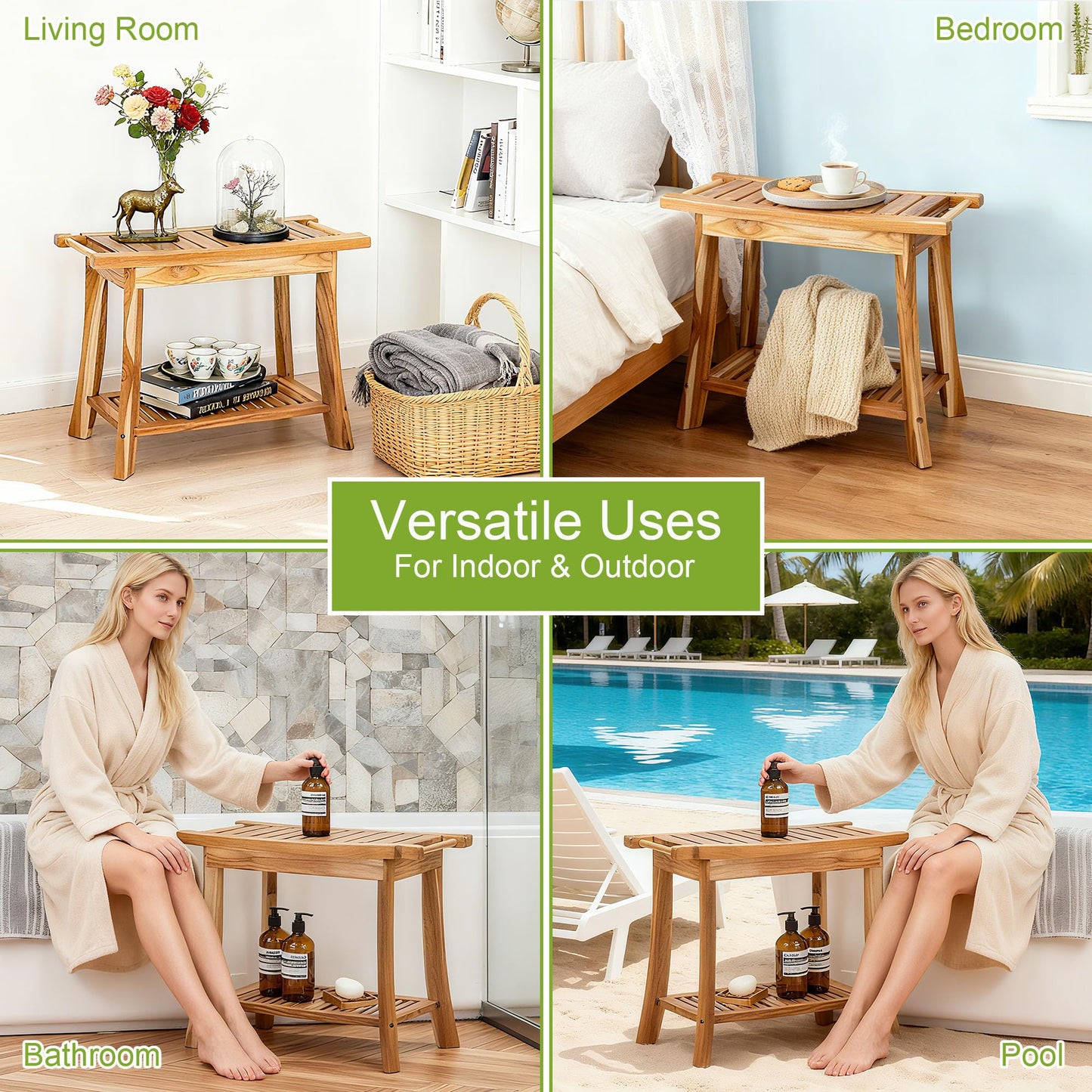 Jekruiet 24" Solid Teak Shower Bench with Towel Bar & Storage Shelf - Waterproof Bath Stool with Fixed Non-Slip Feet, 300lbs Capacity