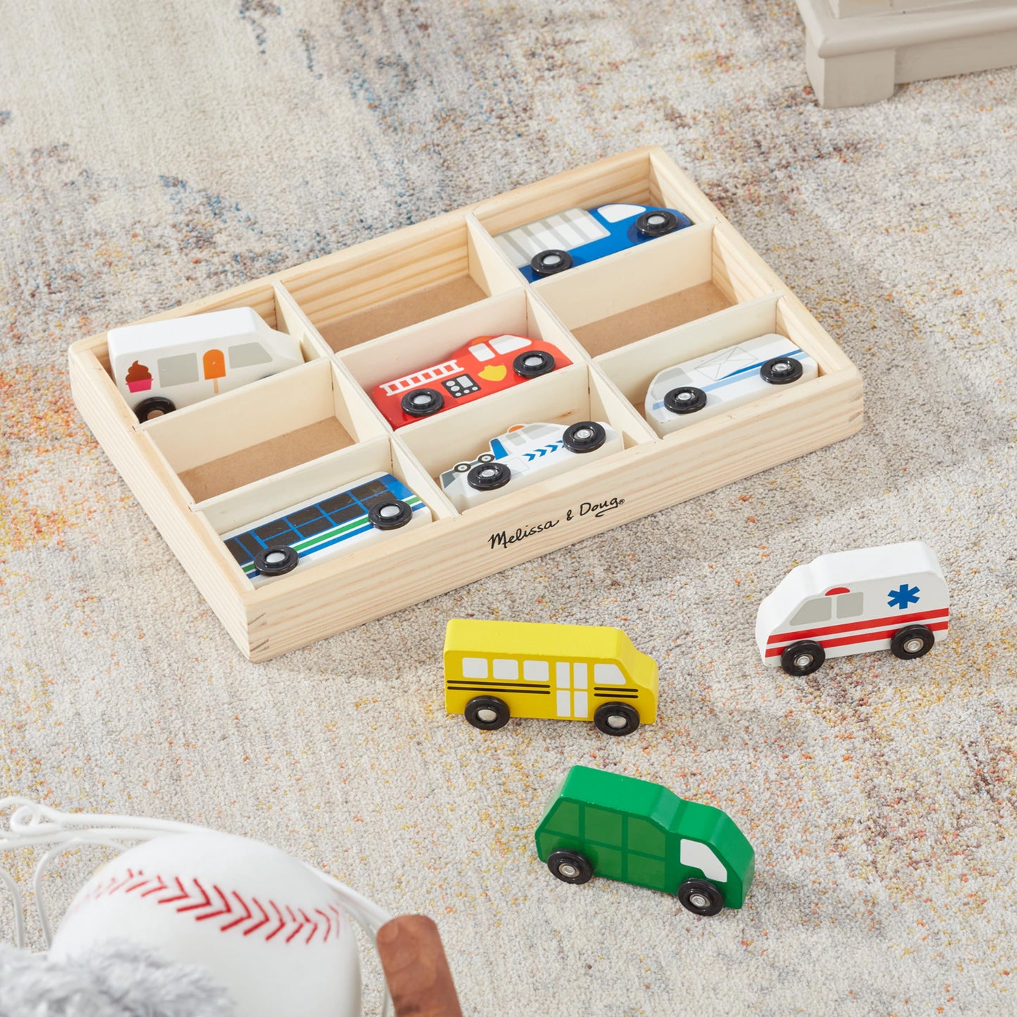 Melissa & Doug Wooden Town Vehicles Set in Wooden Tray (9 pcs)
