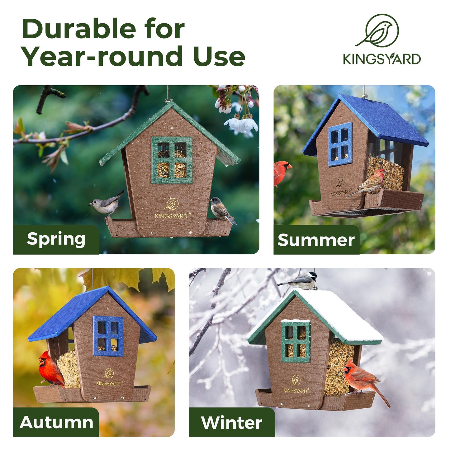 Kingsyard 4 lbs Large Bird Feeder House for Outdoors Hanging, Recycled Plastic Bird Feeder Hopper with Weatherproof Roof & Capacity Tray for Cardinal Bluebird, Garden Yard Outside Decor, Green