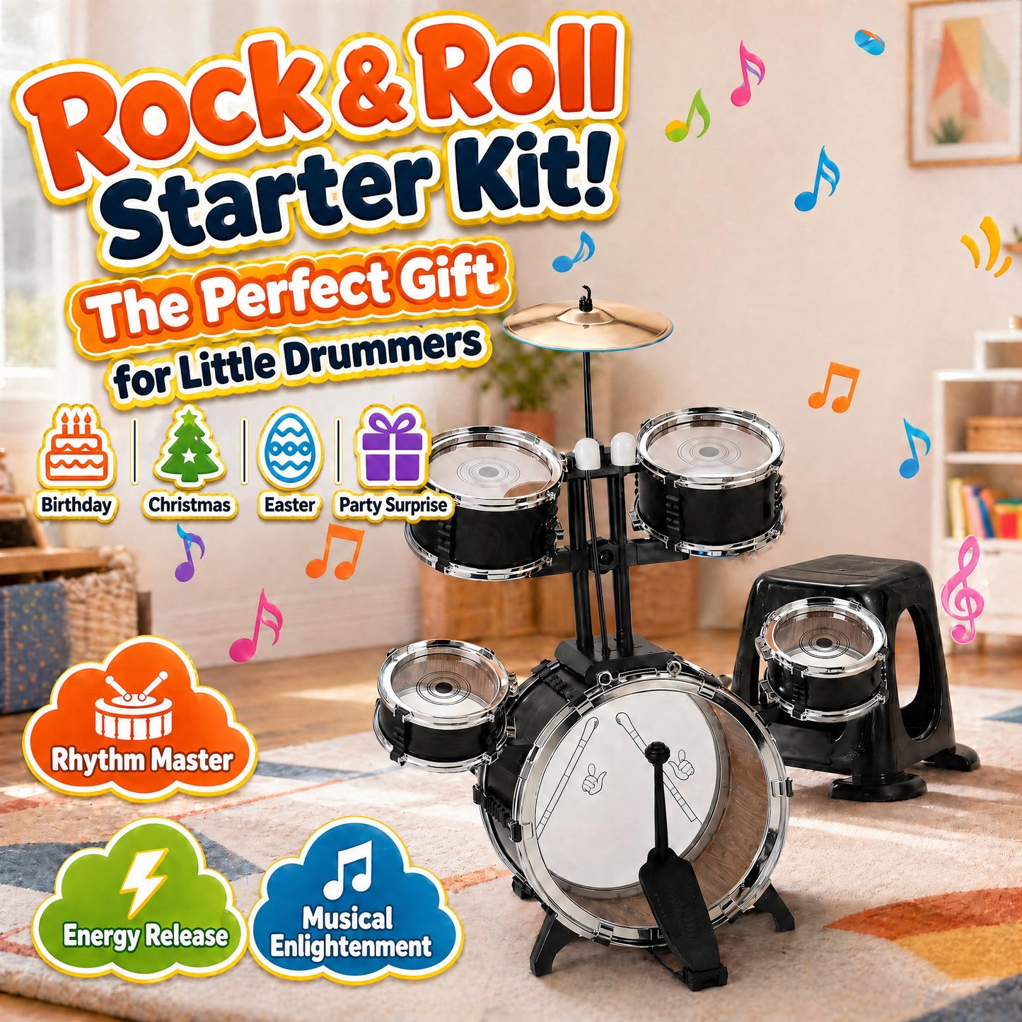 Soundo Kids Drum Set for Toddlers 3-5, 5 Piece Junior Drum Kit with Upgraded Heavy-Duty Anti-Tip Stool, Wood Grain Musical Instruments Toy for Boys & Girls, Birthday Gift for Age 3 4 5 6